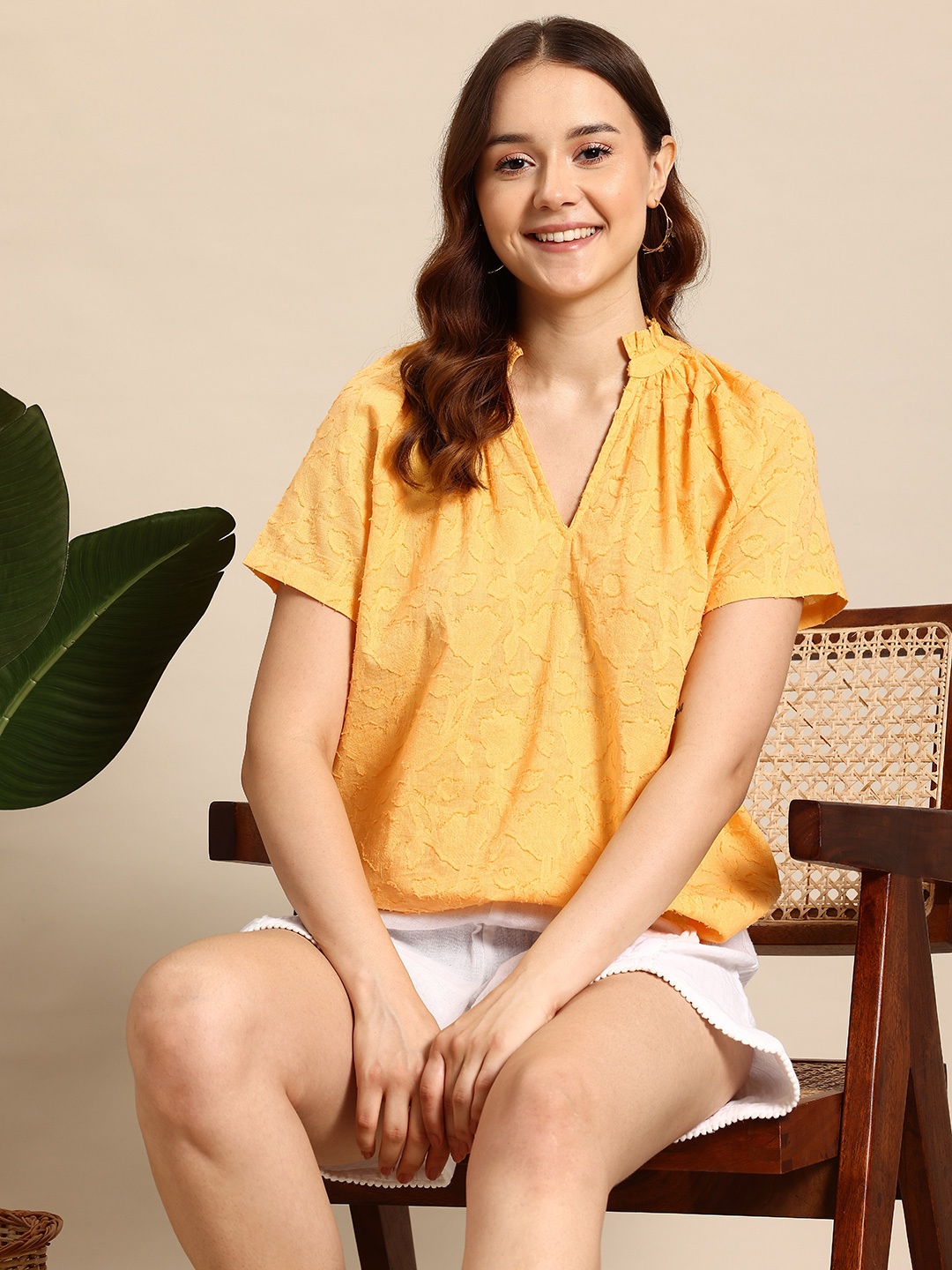 

Mast & Harbour Self-Design Cotton Top, Yellow