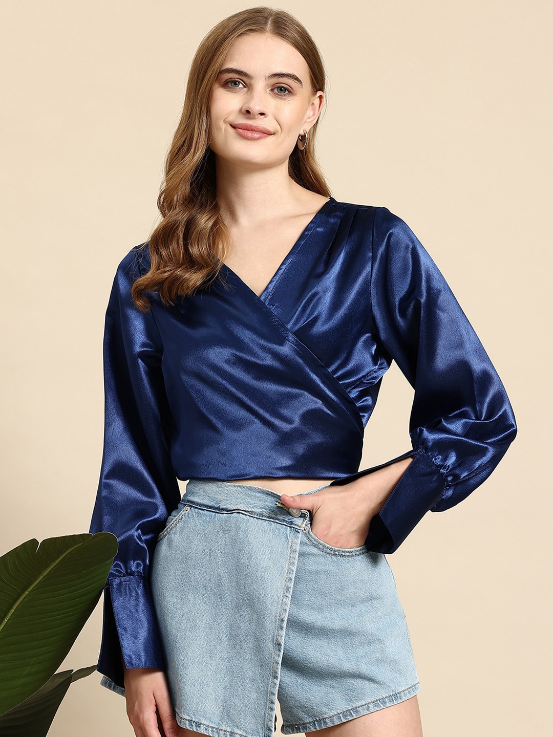 

Mast & Harbour Satin Wrap Top, Blue