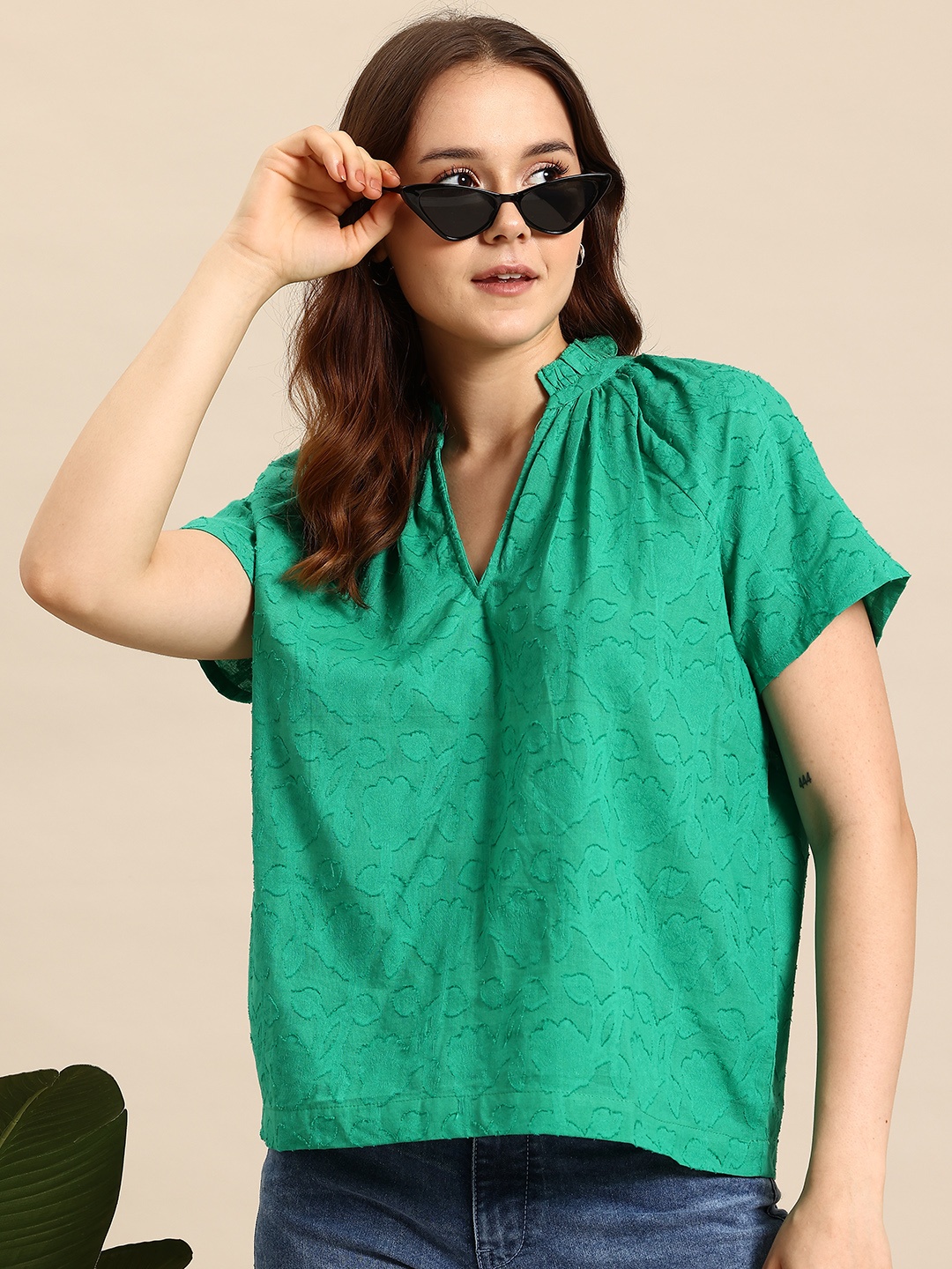 

Mast & Harbour Self-Design Cotton Top, Green