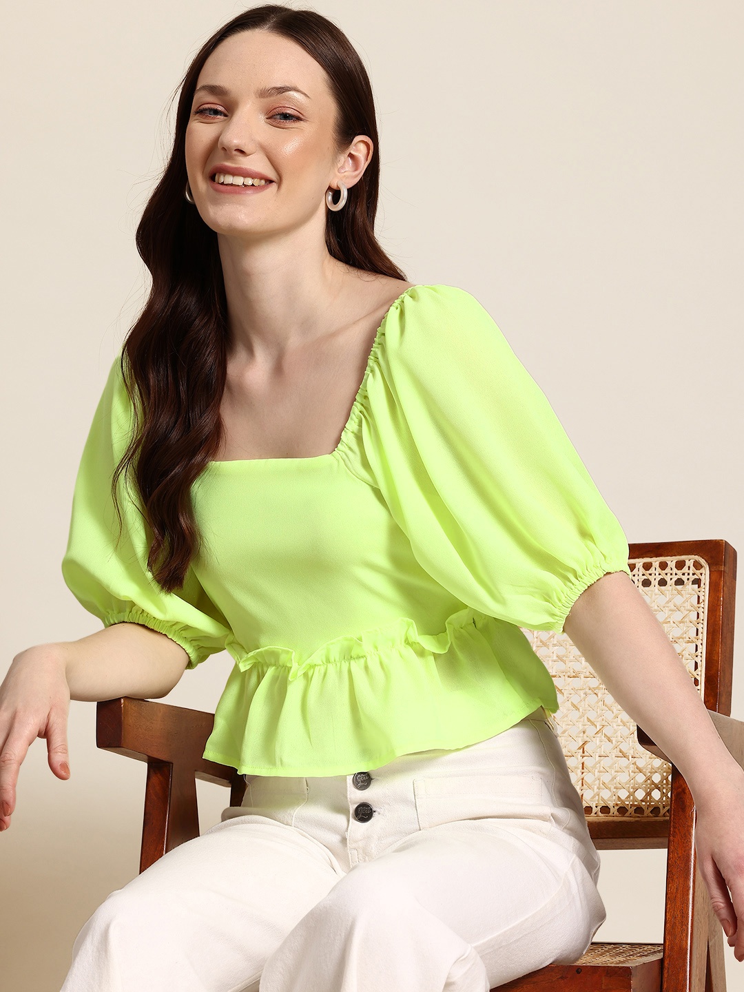 

Mast & Harbour Sweetheart Neck Cut-Out Cinched Waist Top, Fluorescent green