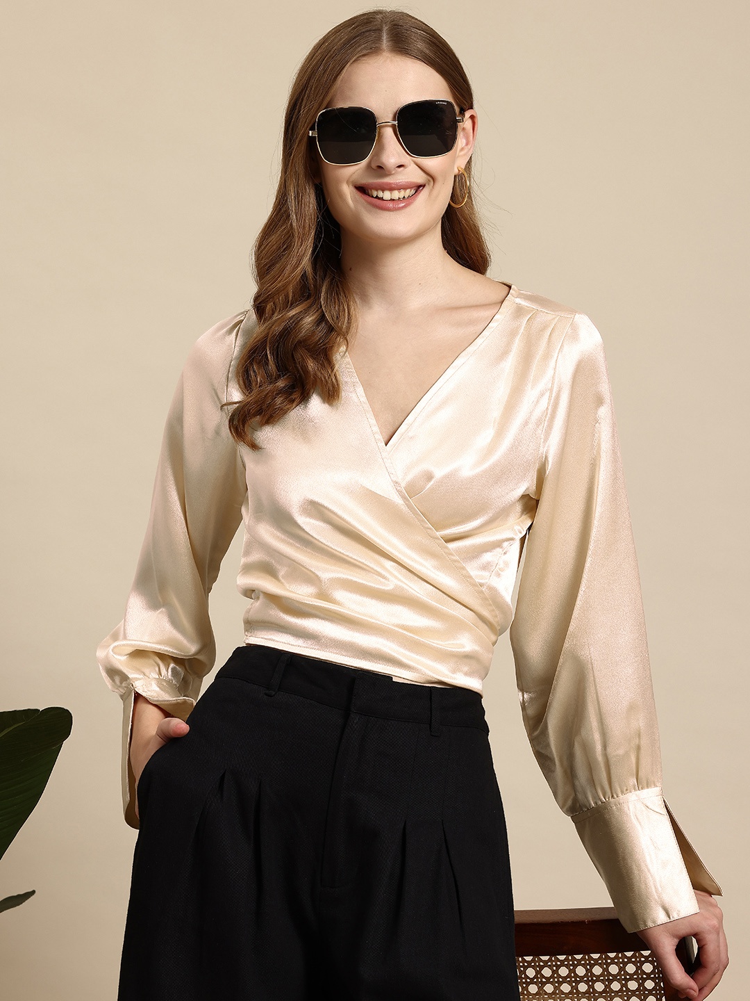 

Mast & Harbour Satin Wrap Top, Beige