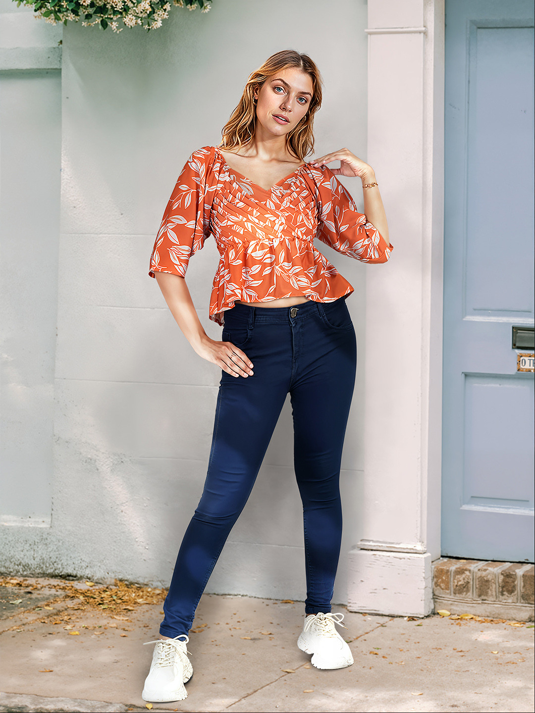 

Mast & Harbour Floral Print Flared Sleeves Smocked Wrap Top, Orange