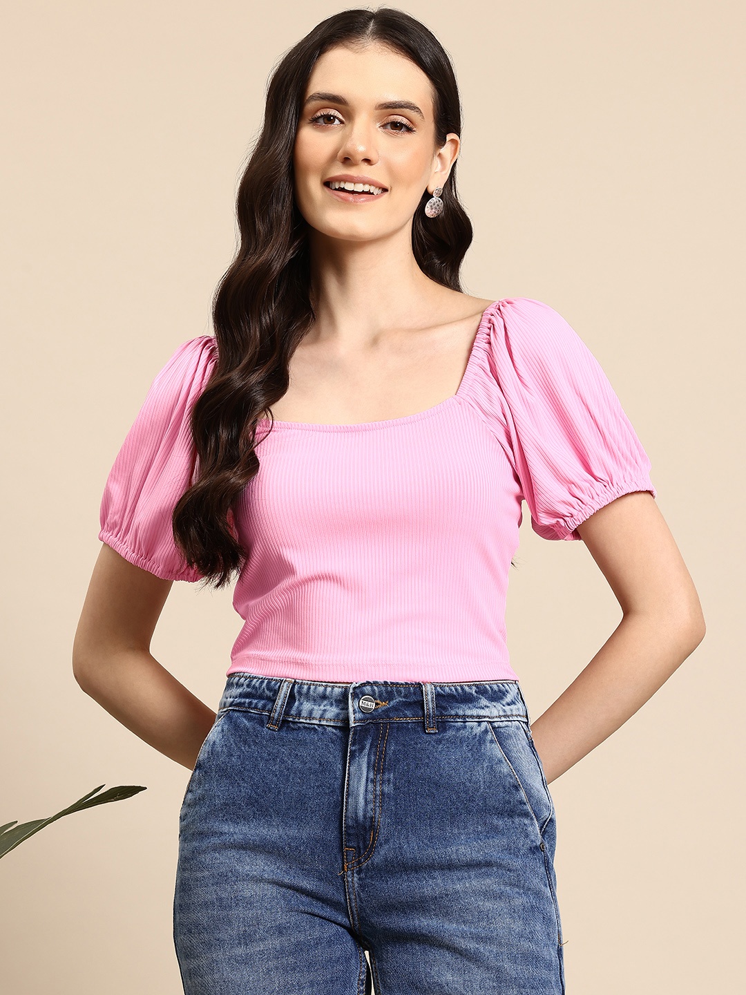 

Mast & Harbour Square Neck Ribbed Top, Pink