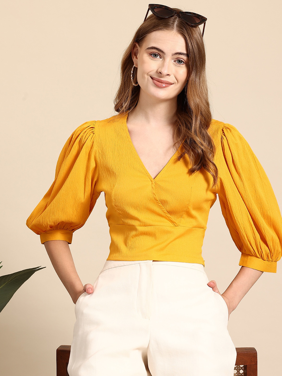 

Mast & Harbour Puff Sleeves Wrap Crop Top, Yellow