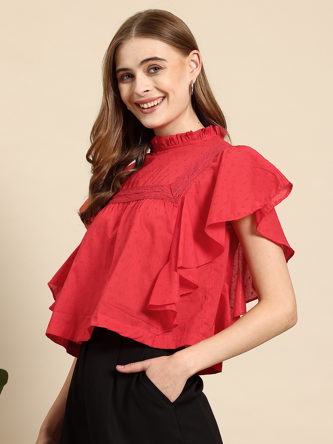 

Mast & Harbour Pure Cotton Dobby Flutter Sleeve Top, Red