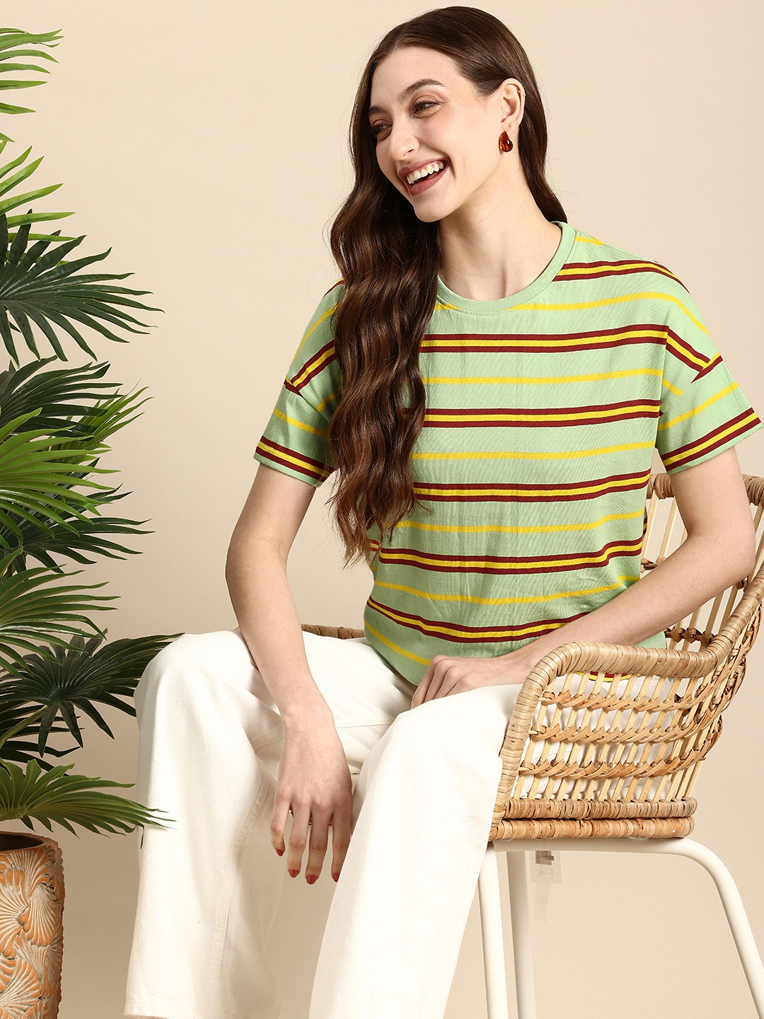 

Mast & Harbour Striped Drop-Shoulder Sleeves Pure Cotton T-shirt, Green