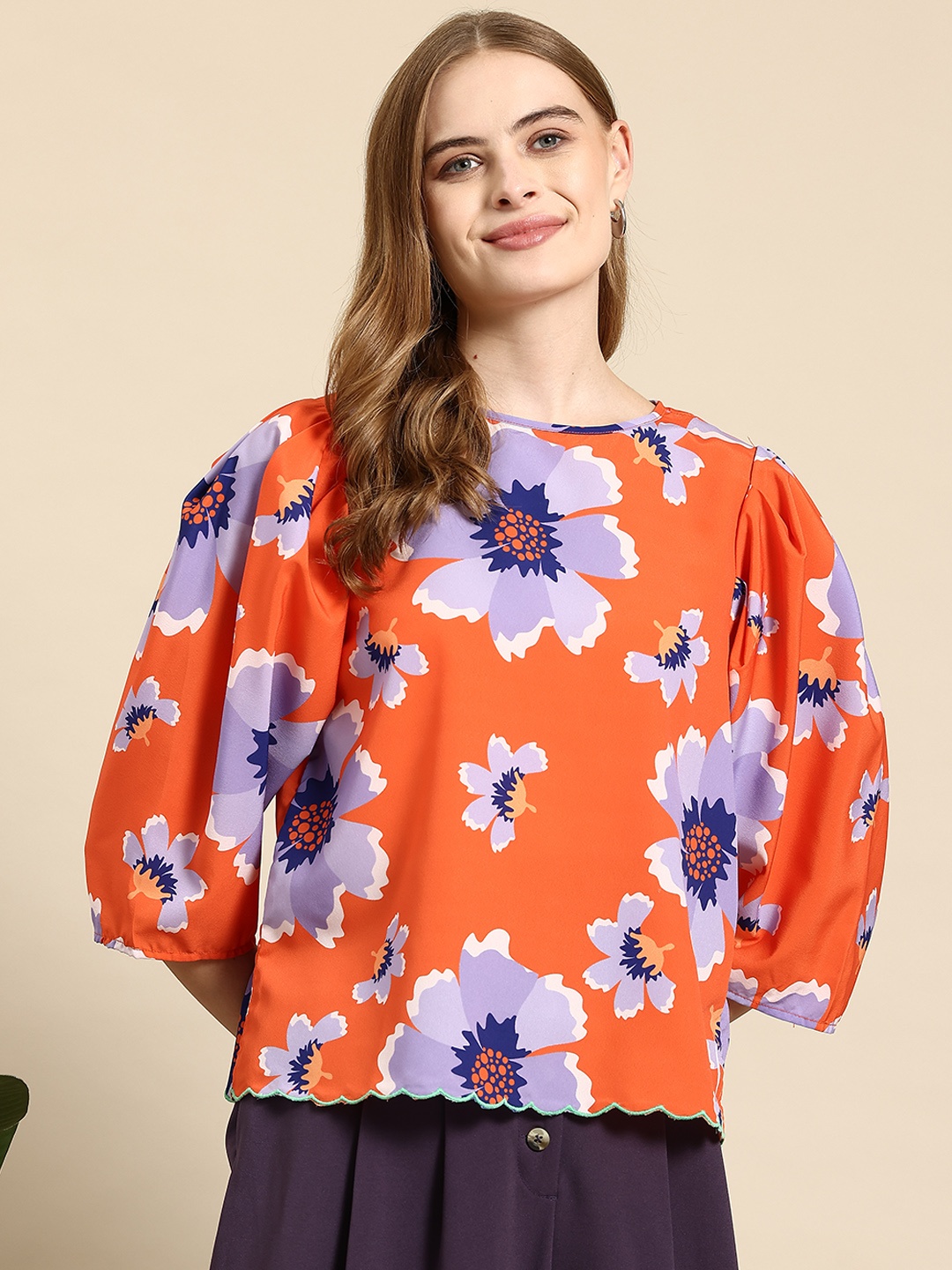 

Mast & Harbour Floral Print Puff Sleeve Top, Orange