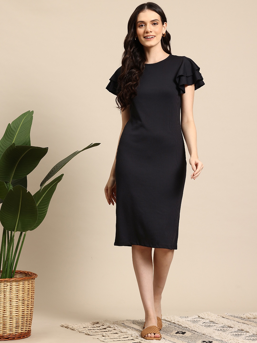 

Mast & Harbour Flutter Sleeve Ribbed Bodycon Midi Dress, Black