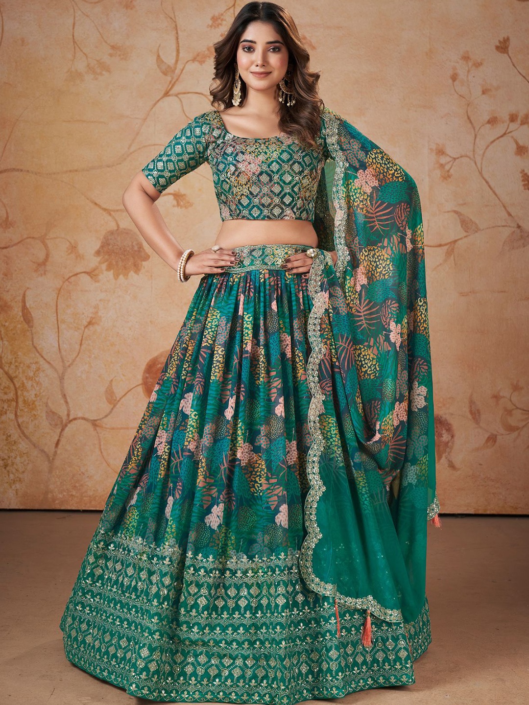 

ODETTE Embroidered Sequinned Semi-Stitched Lehenga & Blouse With Dupatta, Green