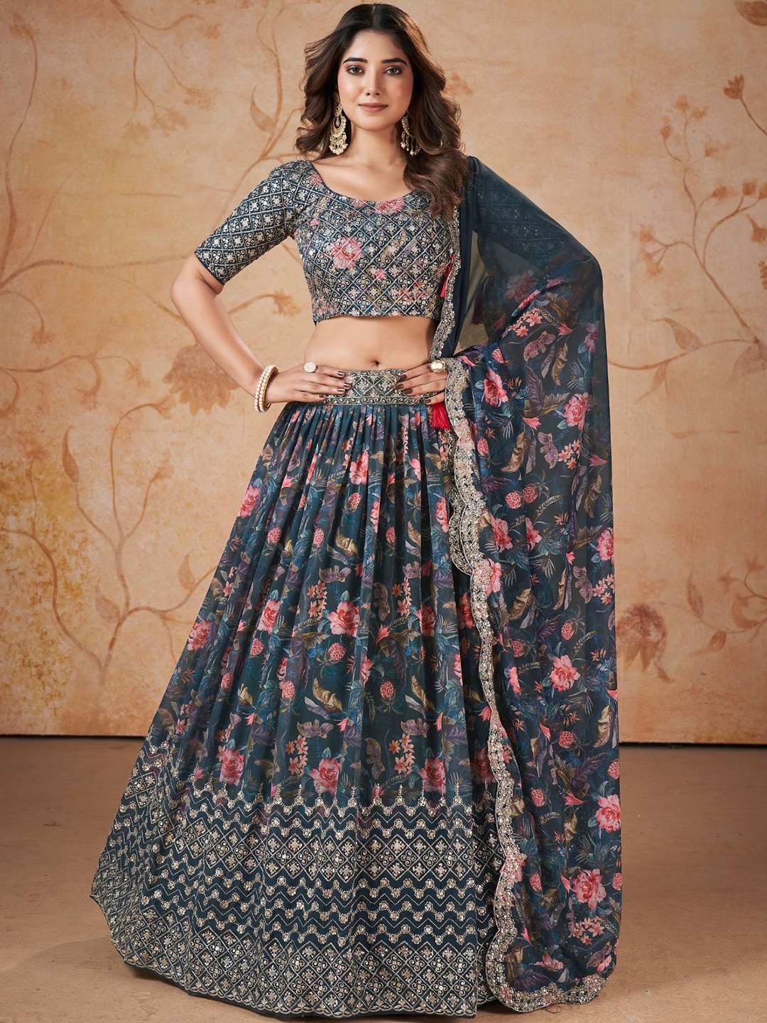 

ODETTE Embroidered Sequinned Semi-Stitched Lehenga & Blouse With Dupatta, Navy blue