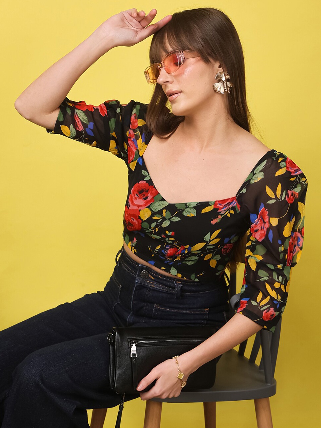 

SCORPIUS Floral Print Puff Sleeve Georgette Top, Black