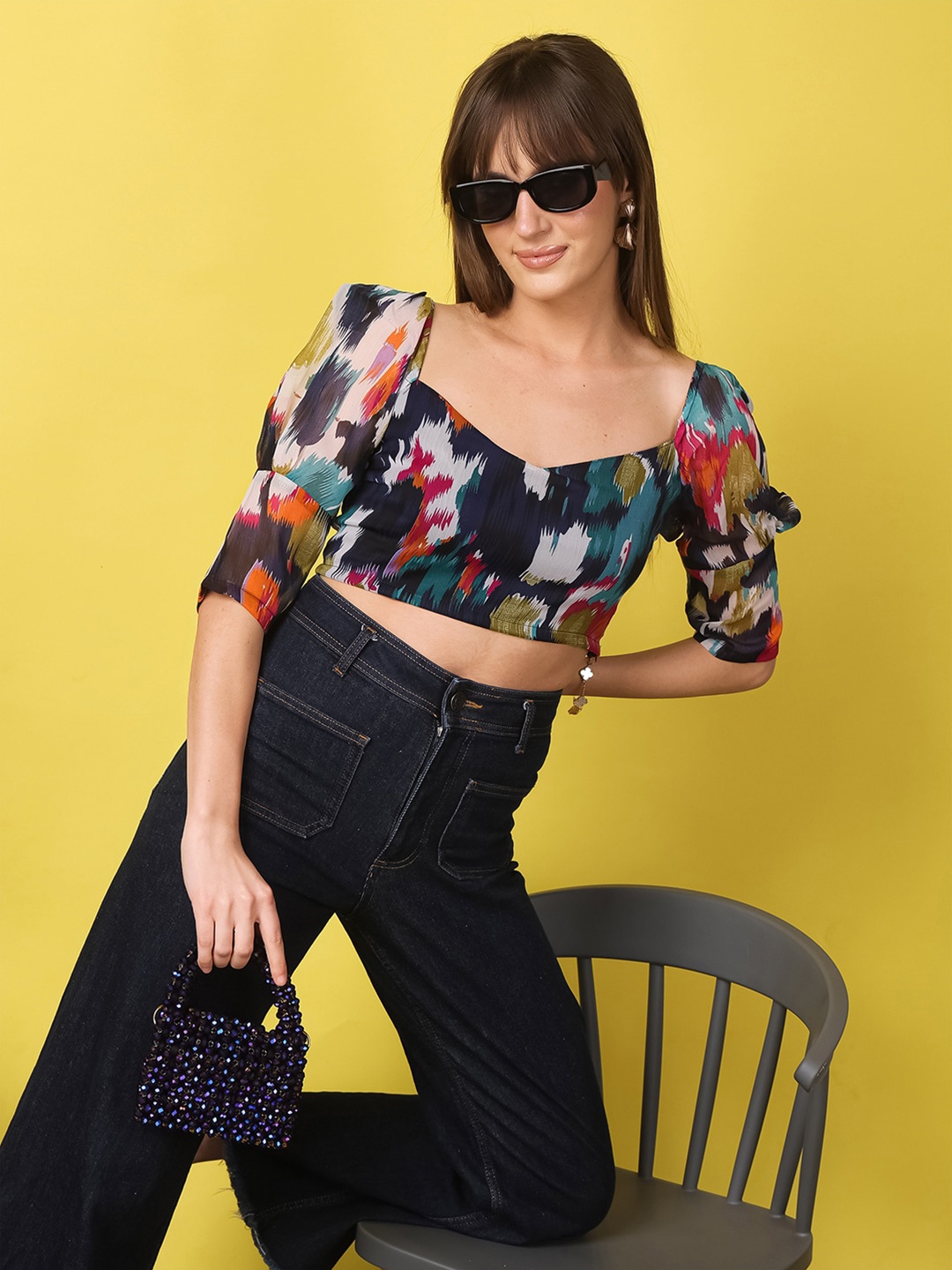 

SCORPIUS Print Puff Sleeve Georgette Top, Multi
