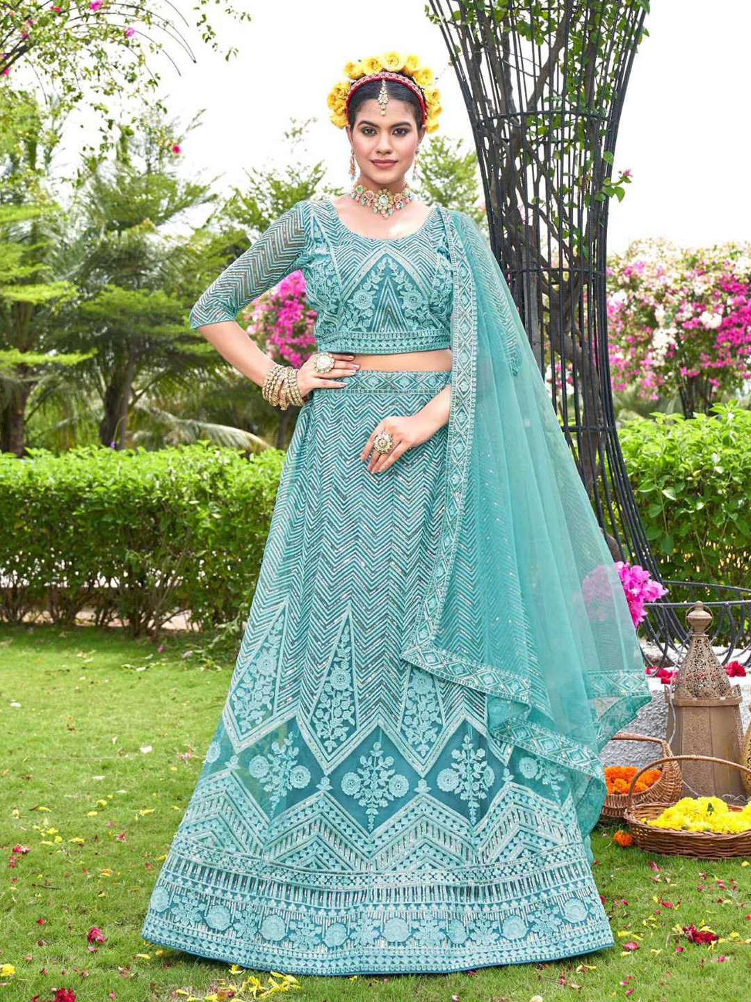 

Pandadi Saree Embroidered Sequinned Semi-Stitched Lehenga & Blouse With Dupatta, Blue