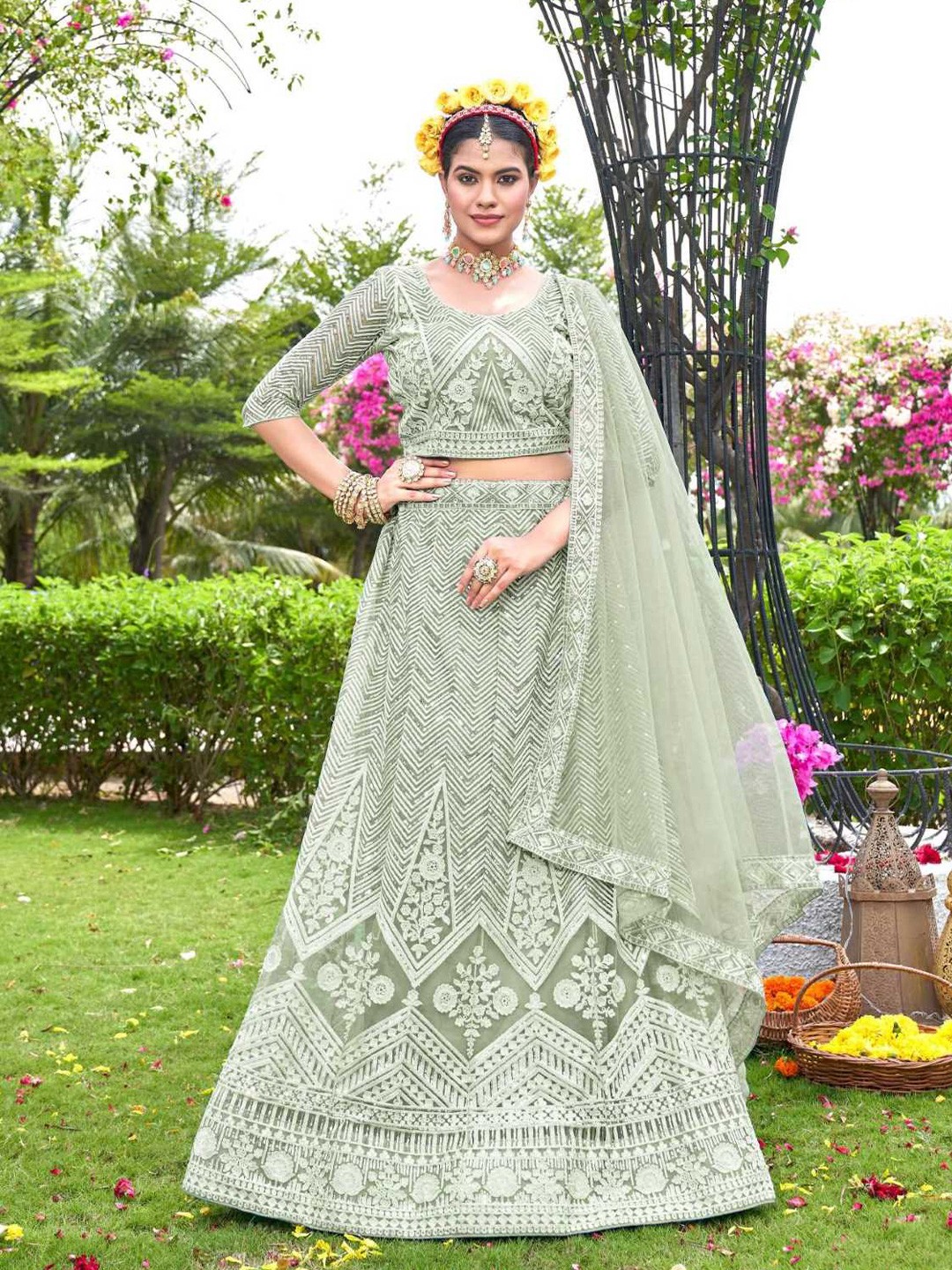

Pandadi Saree Embroidered Sequinned Semi-Stitched Lehenga & Blouse With Dupatta, Green