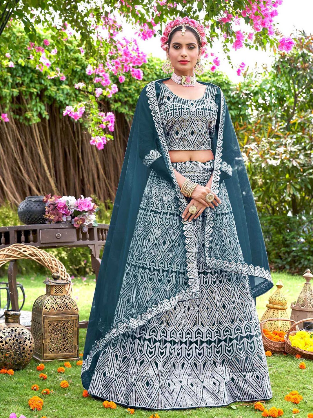 

Pandadi Saree Embroidered Sequinned Semi-Stitched Lehenga & Blouse With Dupatta, Teal