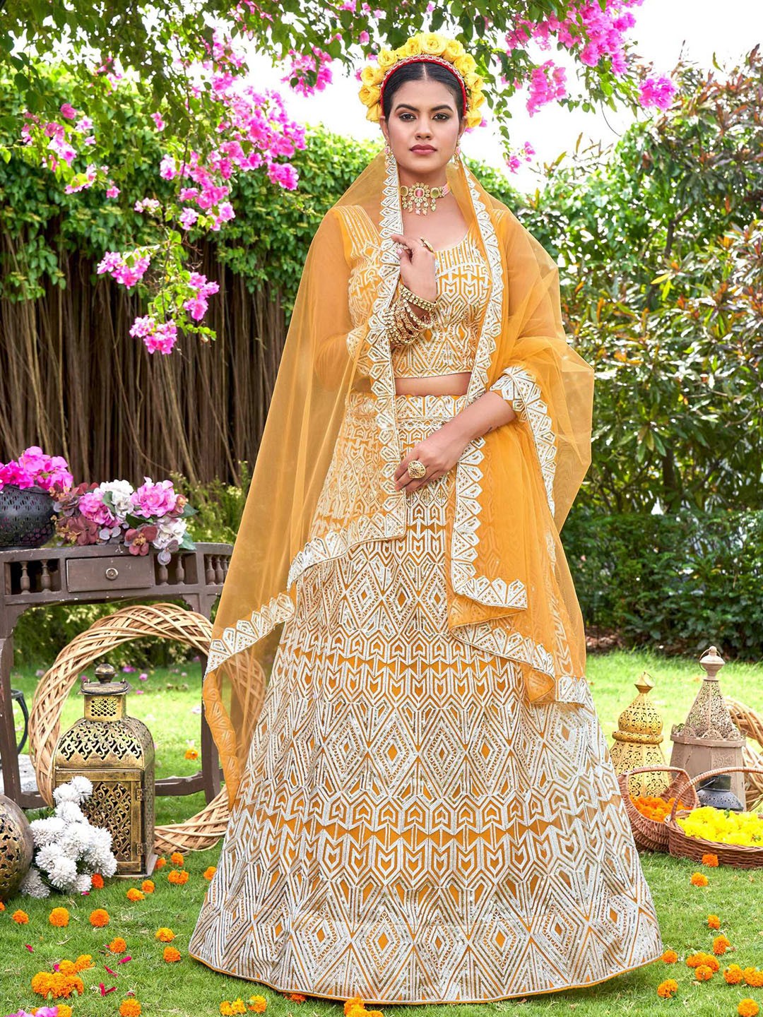 

Pandadi Saree Embroidered Sequinned Semi-Stitched Lehenga & Blouse With Dupatta, Yellow