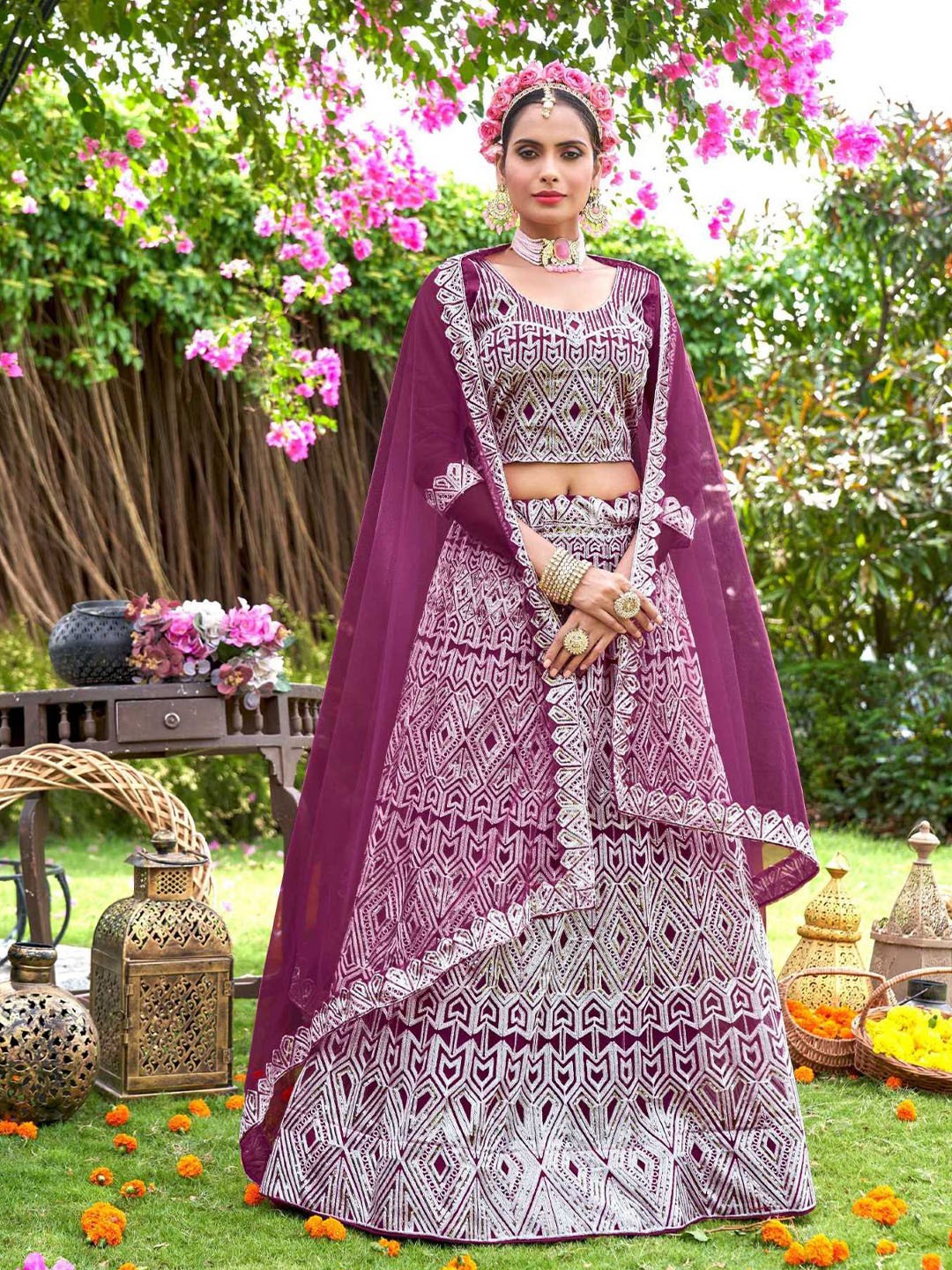 

Pandadi Saree Embroidered Sequinned Semi-Stitched Lehenga & Blouse With Dupatta, Purple