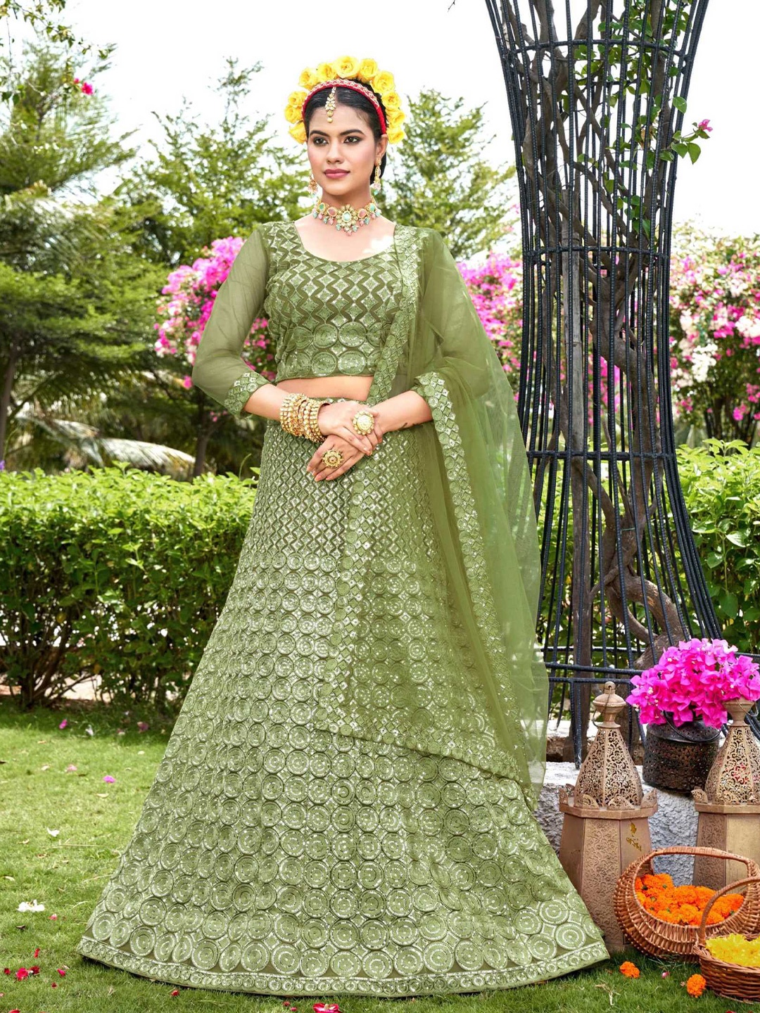 

Pandadi Saree Embroidered Sequinned Semi-Stitched Lehenga & Blouse With Dupatta, Green