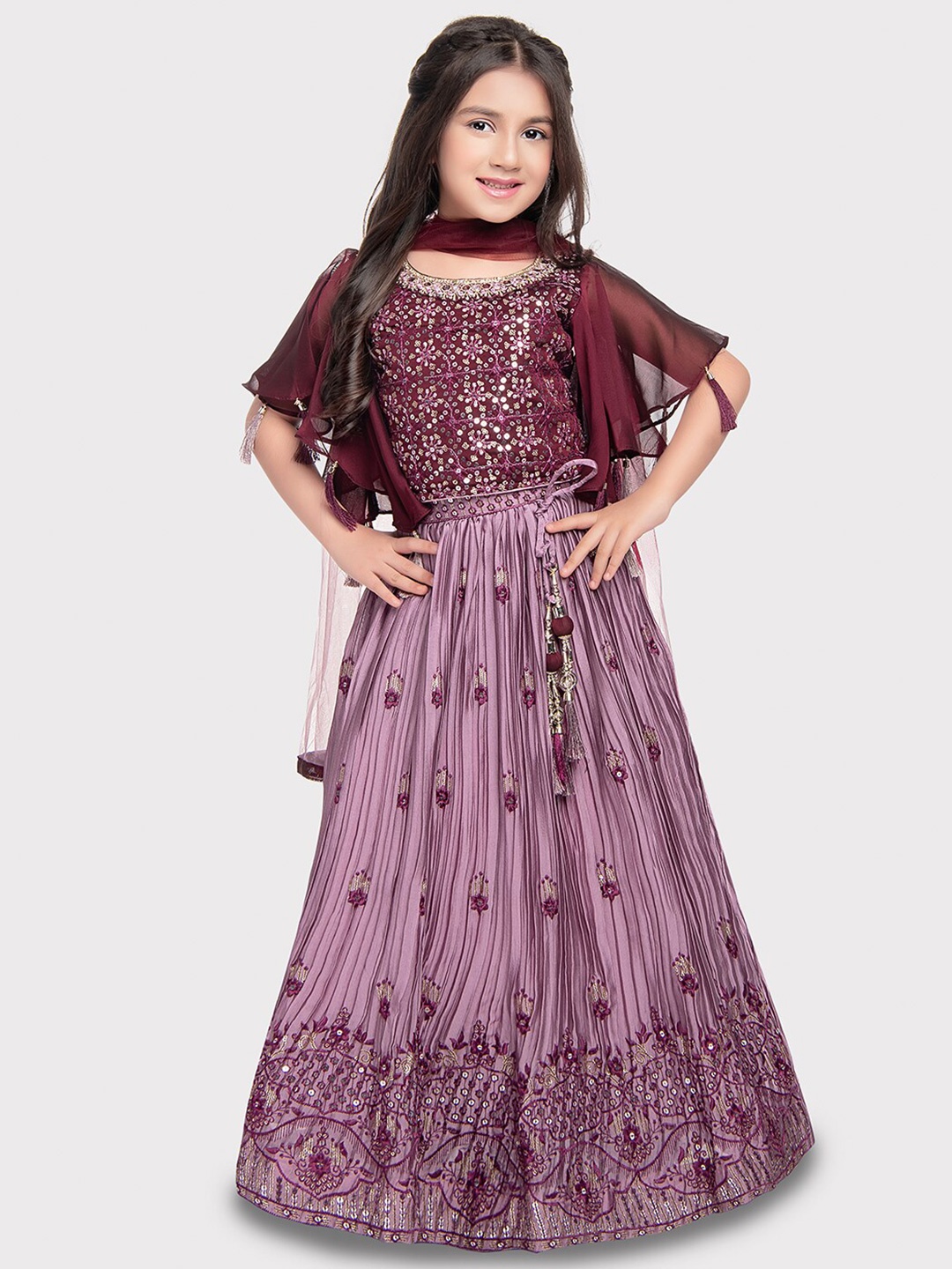 

Tiny Kingdom Girls Embellished Sequinned Ready to Wear Lehenga & Blouse With Dupatta, Maroon