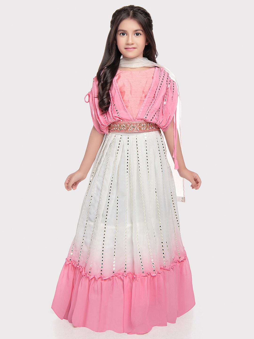 Tiny Kingdom Girls Embellished Mirror Work Ready to Wear Lehenga & Blouse With Dupatta, Pink