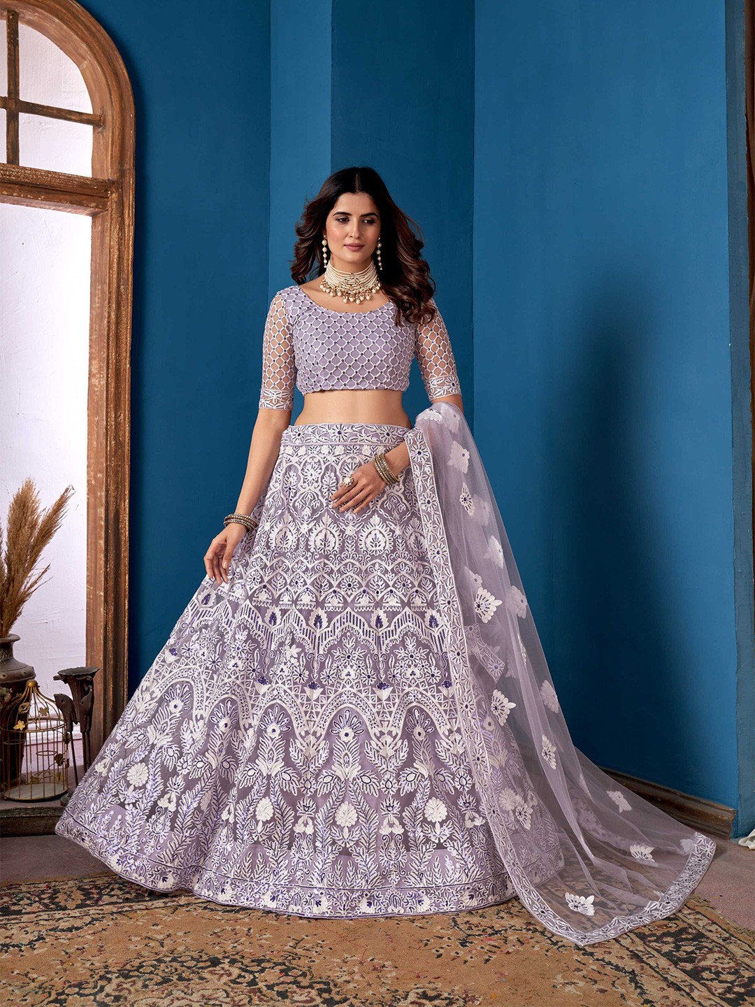

Pandadi Saree Embroidered Sequinned Semi-Stitched Lehenga & Blouse With Dupatta, Lavender