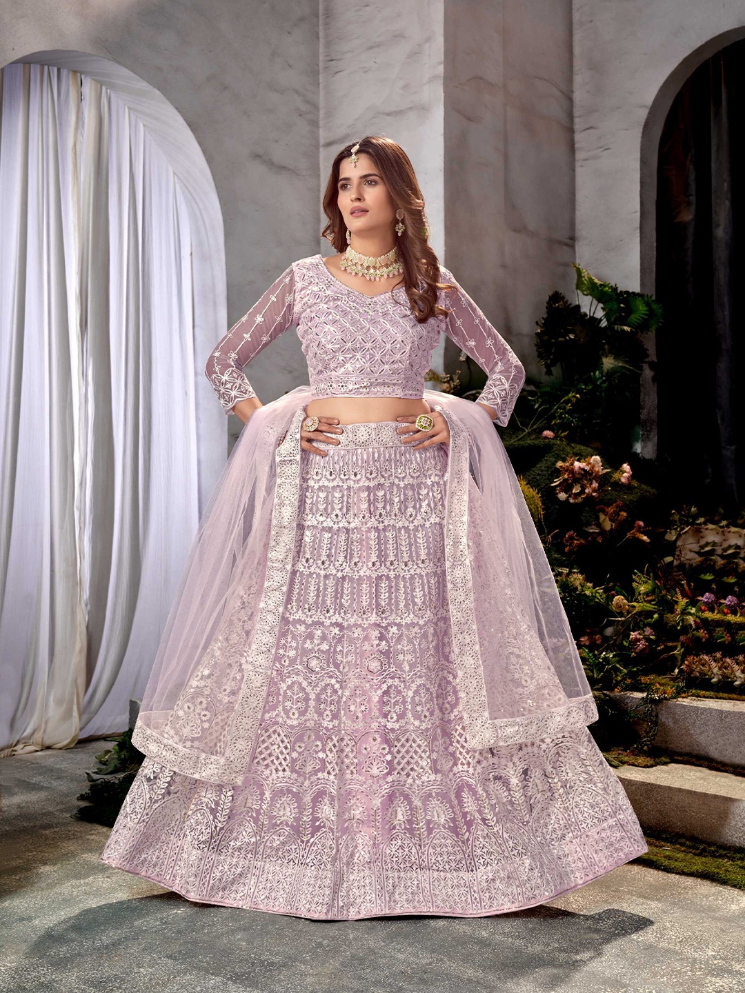 

Pandadi Saree Embellished Sequinned Semi-Stitched Lehenga & Blouse With Dupatta, Lavender