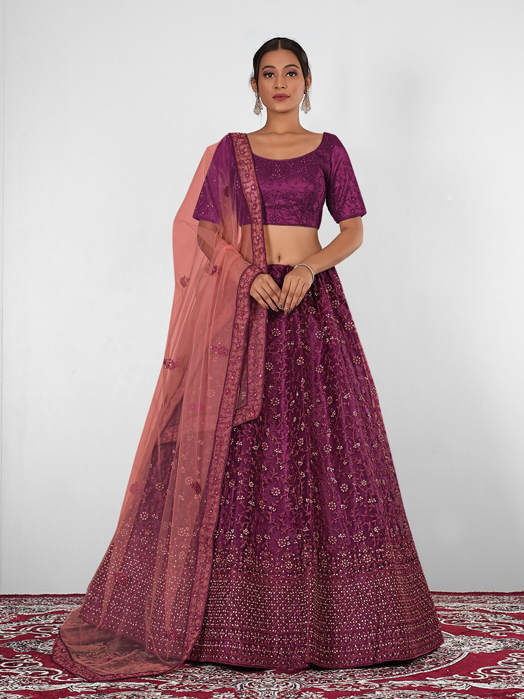 

HALFSAREE STUDIO Embellished Semi-Stitched Lehenga & Unstitched Blouse With Dupatta, Burgundy