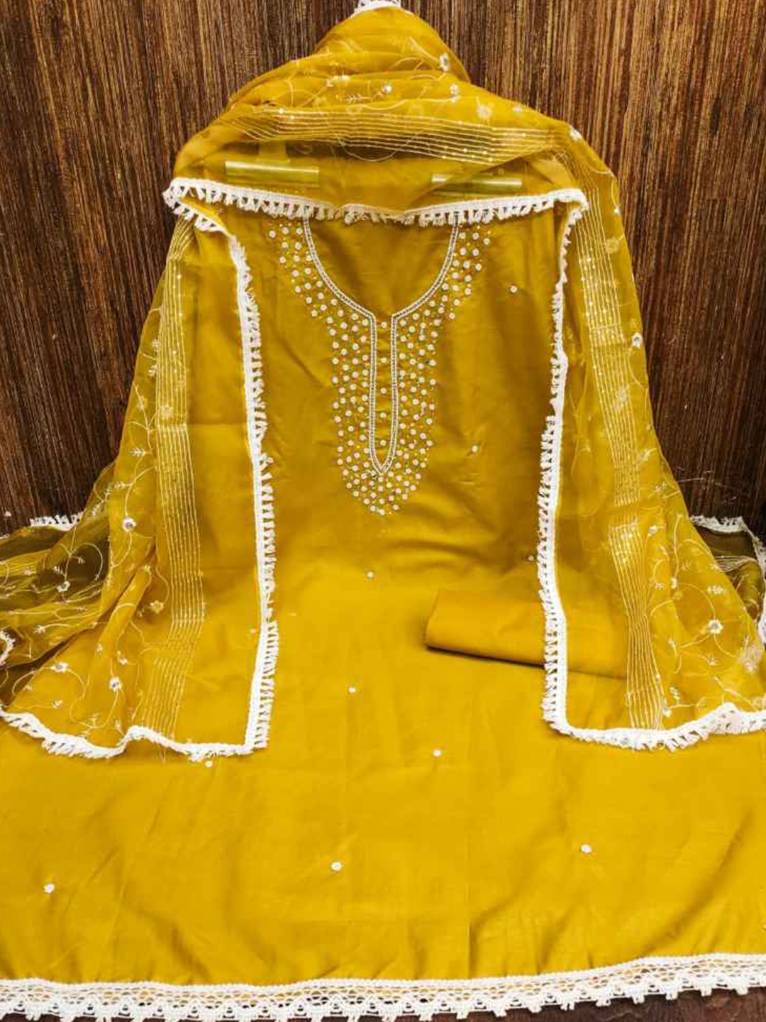 

faxofab Ethnic Motifs Embroidered Sequined Unstitched Dress Material, Yellow