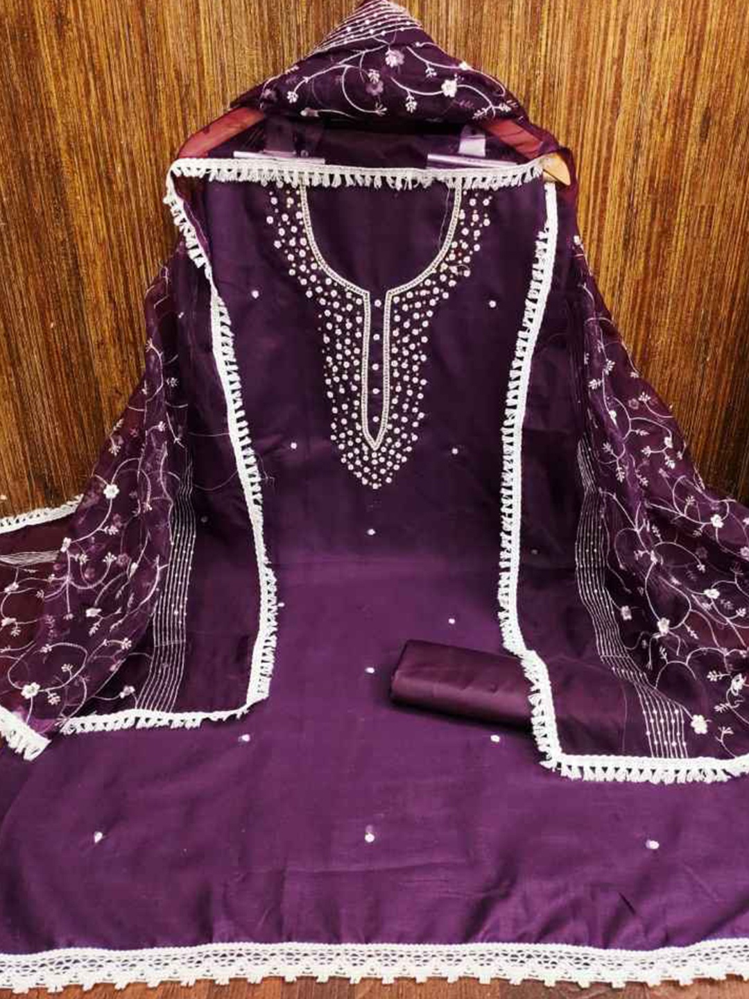 

faxofab Floral Embroidered Beads & Stones Unstitched Dress Material, Purple