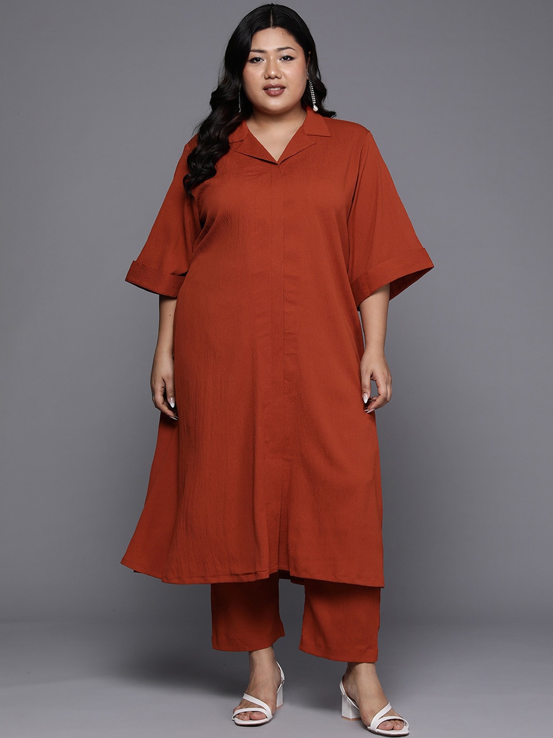 Sztori Plus Size Cuban Collar A Line Kurta With Trouser, Rust