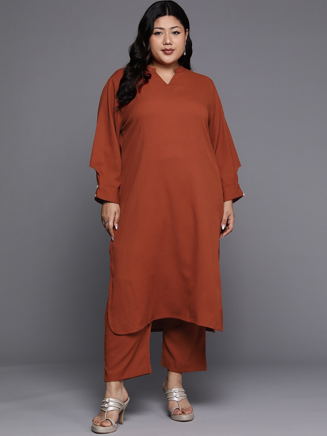 

Sztori Plus Size Mandarin Collar Straight Kurta With Trouser, Rust