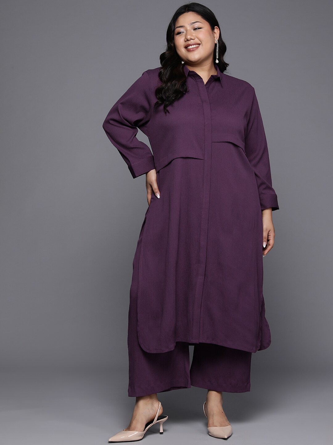 

Sztori Plus Size Shirt Collar Straight Kurta With Trouser, Purple