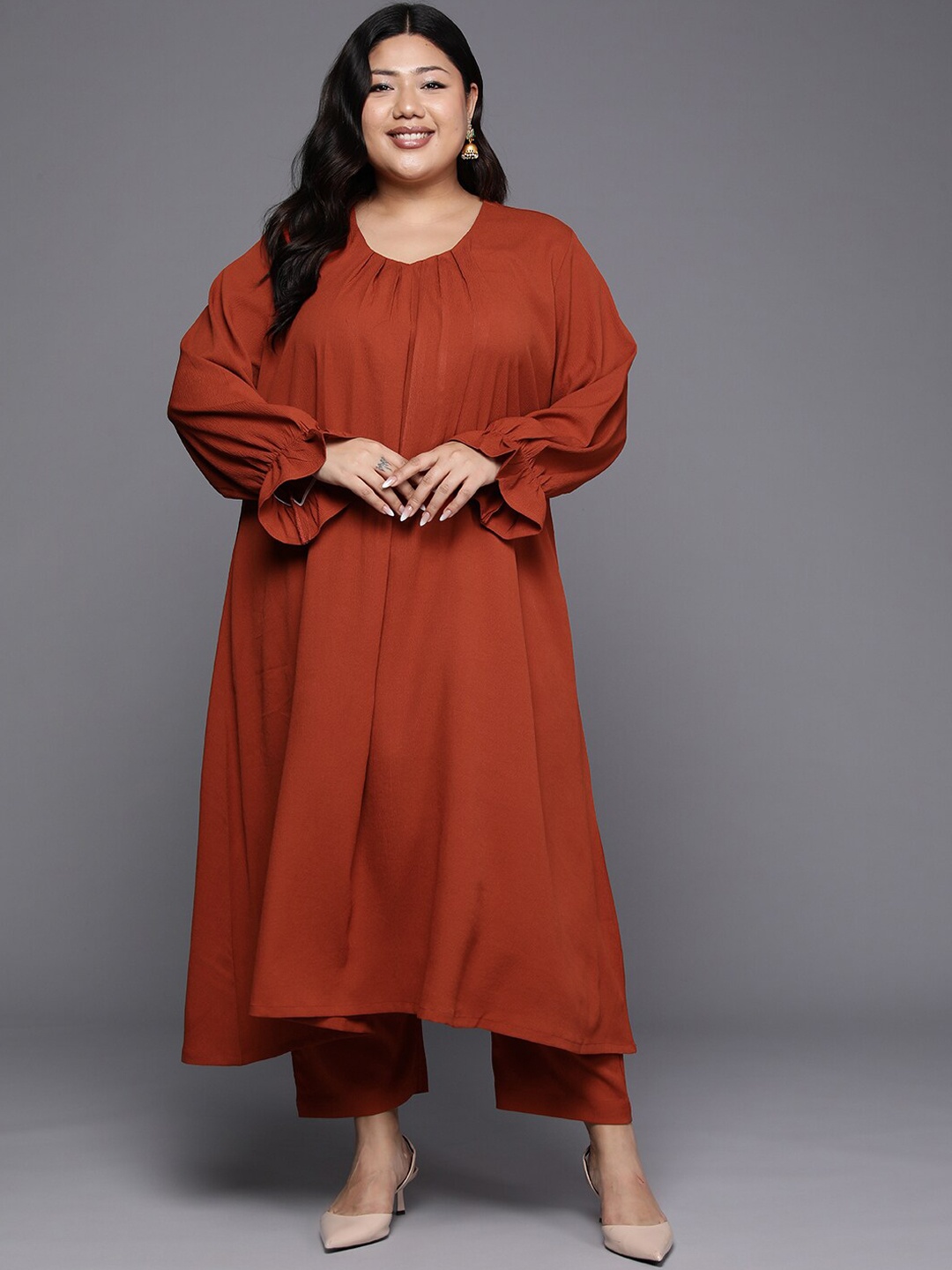 

Sztori Plus Size V Neck Pleated A Line Kurta With Trouser, Rust