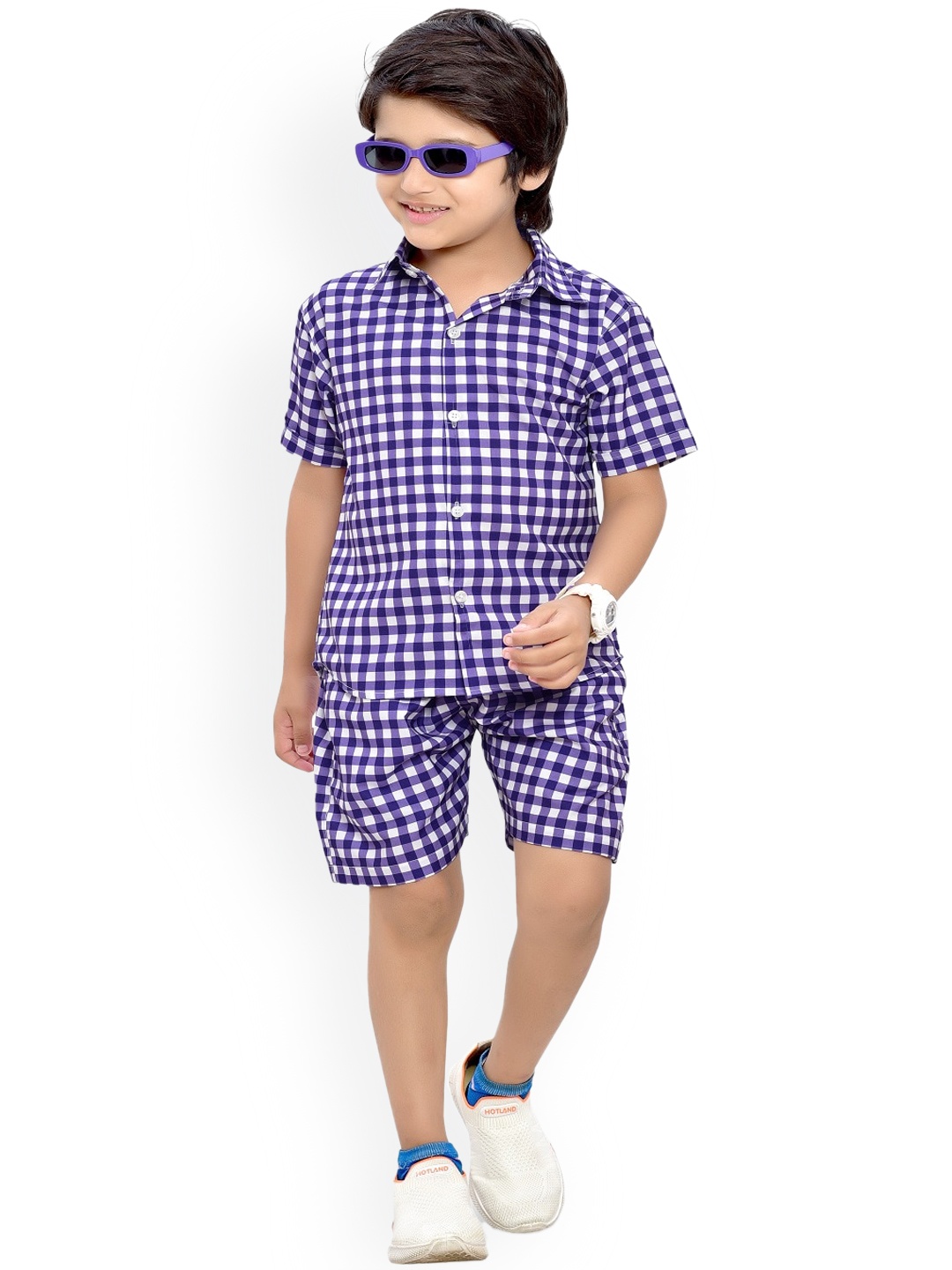 

BAESD Boys Pure Cotton Checked Shirt with Shorts, Purple