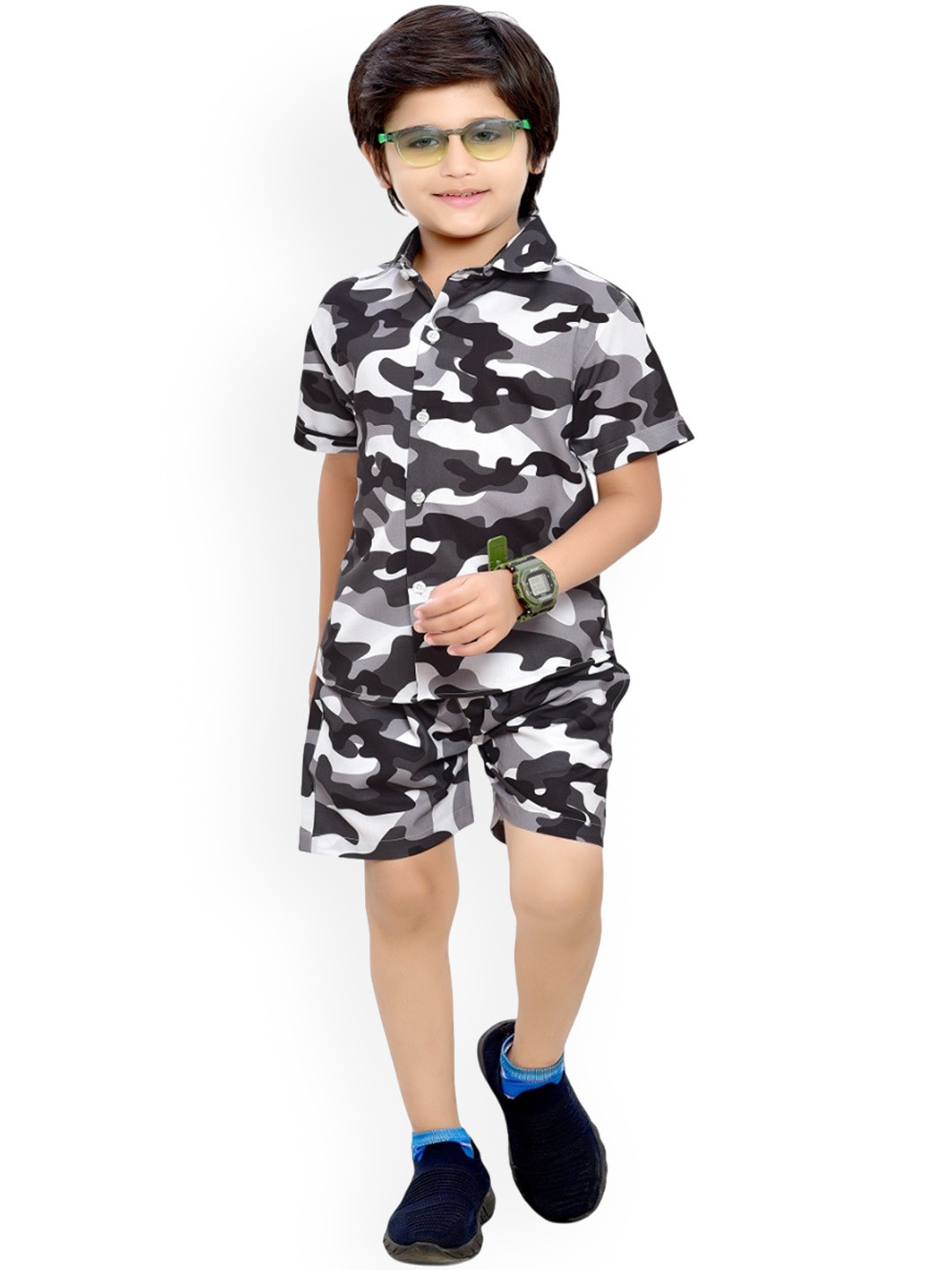 

BAESD Boys Camouflage Printed Pure Cotton Shirt & Shorts, Black
