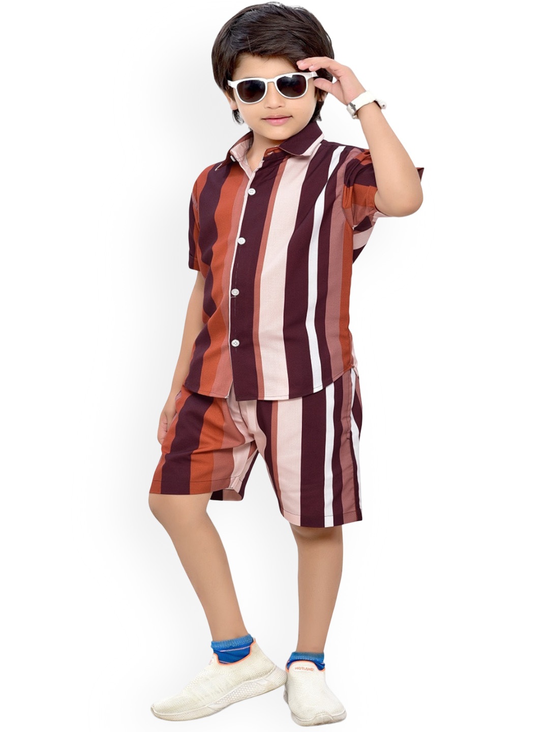 

BAESD Boys Striped Pure Cotton Shirt & Shorts, Brown