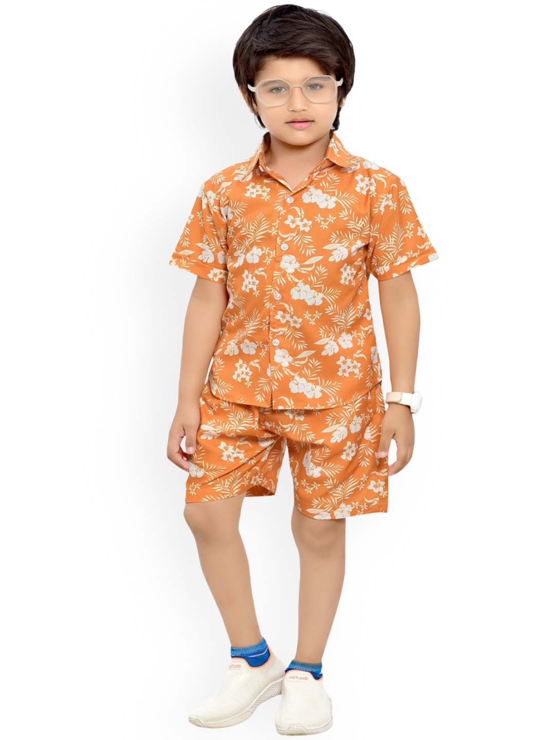 

BAESD Boys Floral Printed Pure Cotton Shirt & Shorts, Orange