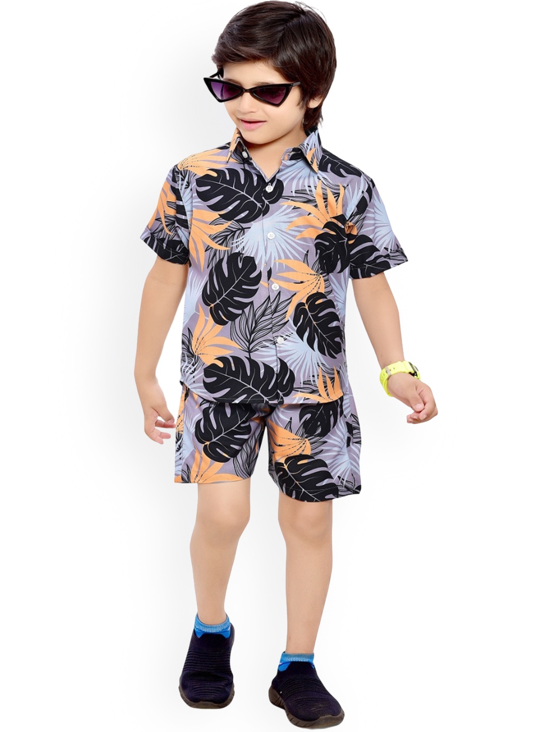 

BAESD Boys Floral Printed Pure Cotton Shirt with Shorts, Black