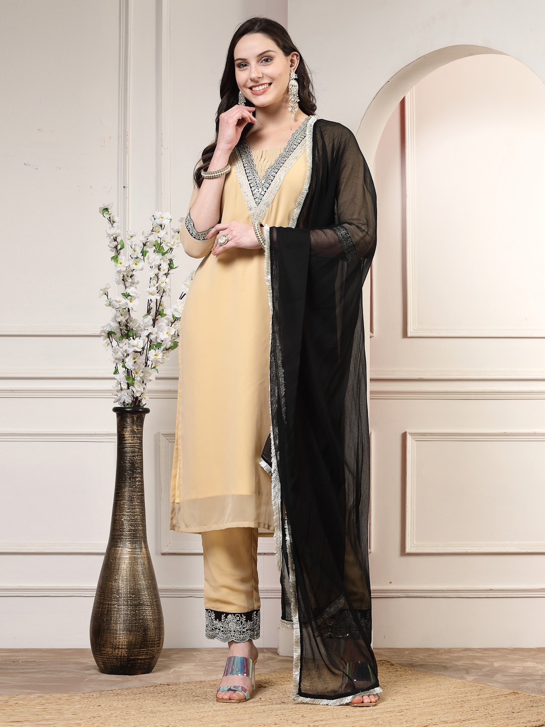 

HERE&NOW Floral Embroidered V-Neck Three-Quarter Sleeves Kurta Set, Beige