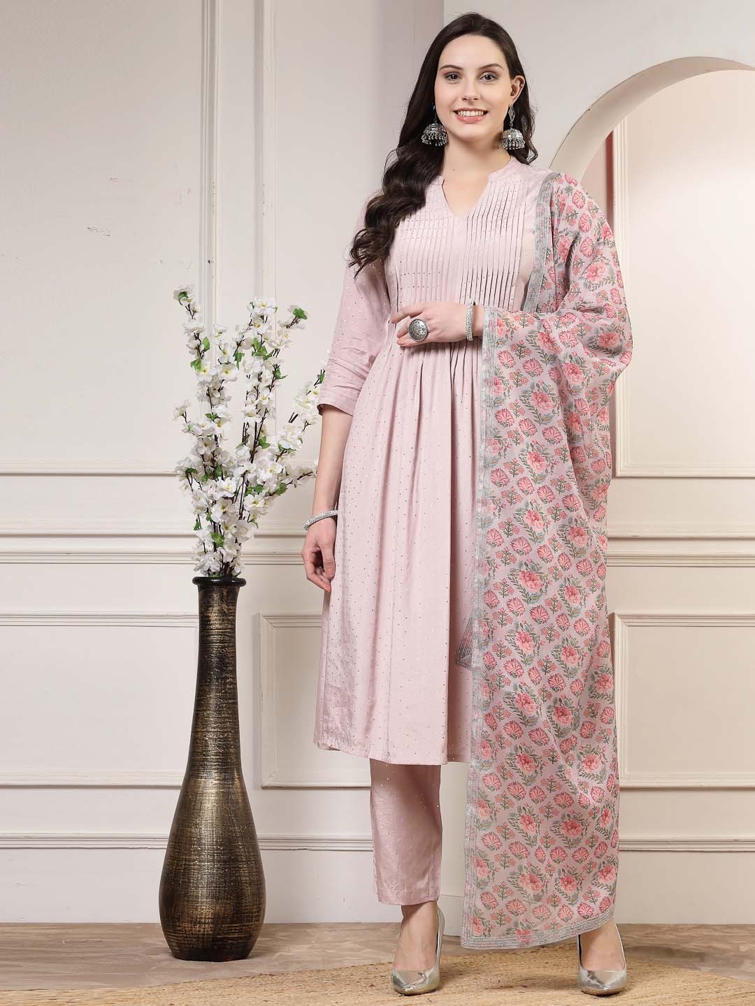 

HERE&NOW Floral Embroidered Mandarin Collar Three-Quarter Sleeves Set, Mauve