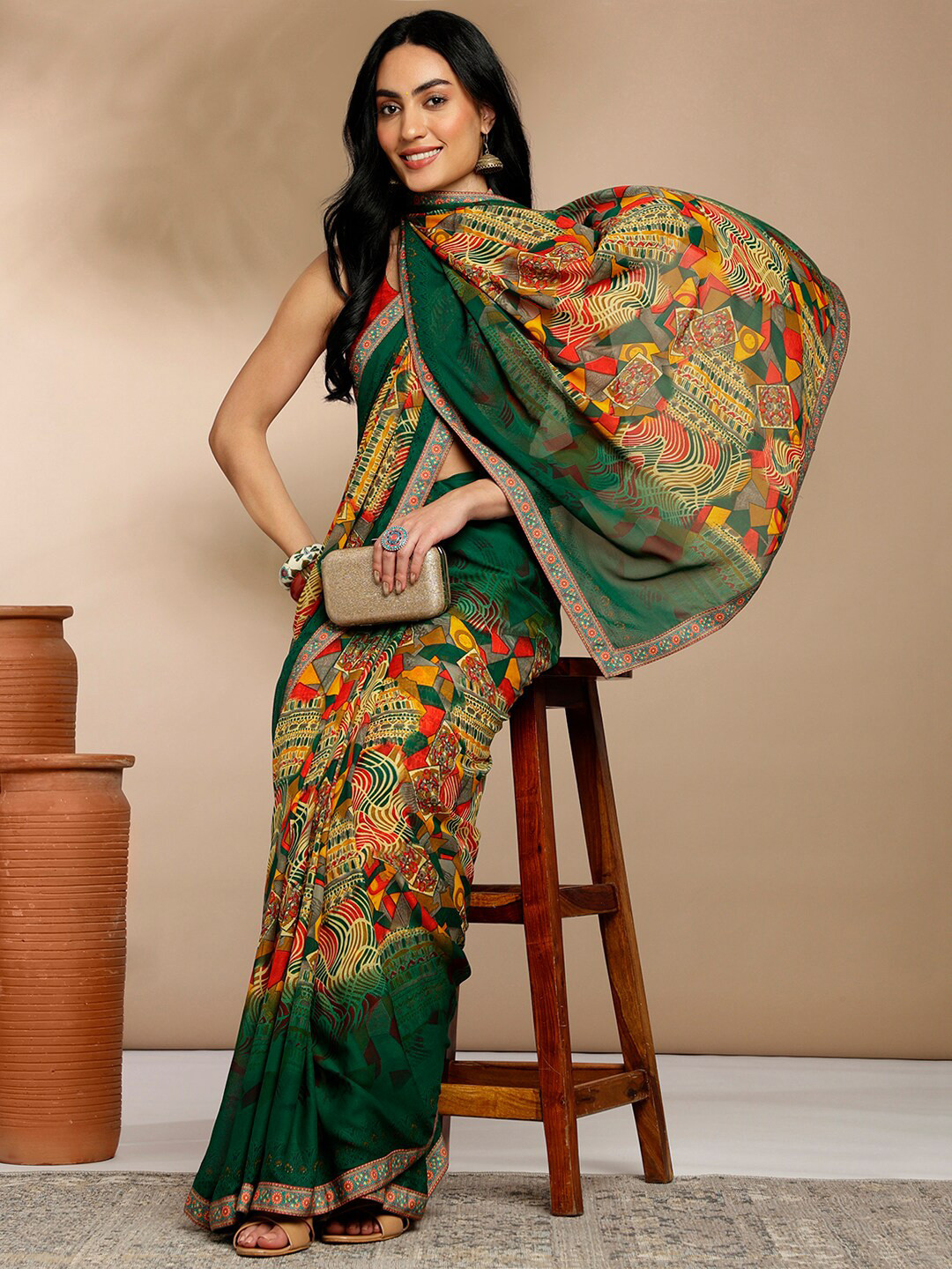 

Anouk Rustic Green & Yellow Geometric Printed Pure Georgette Saree