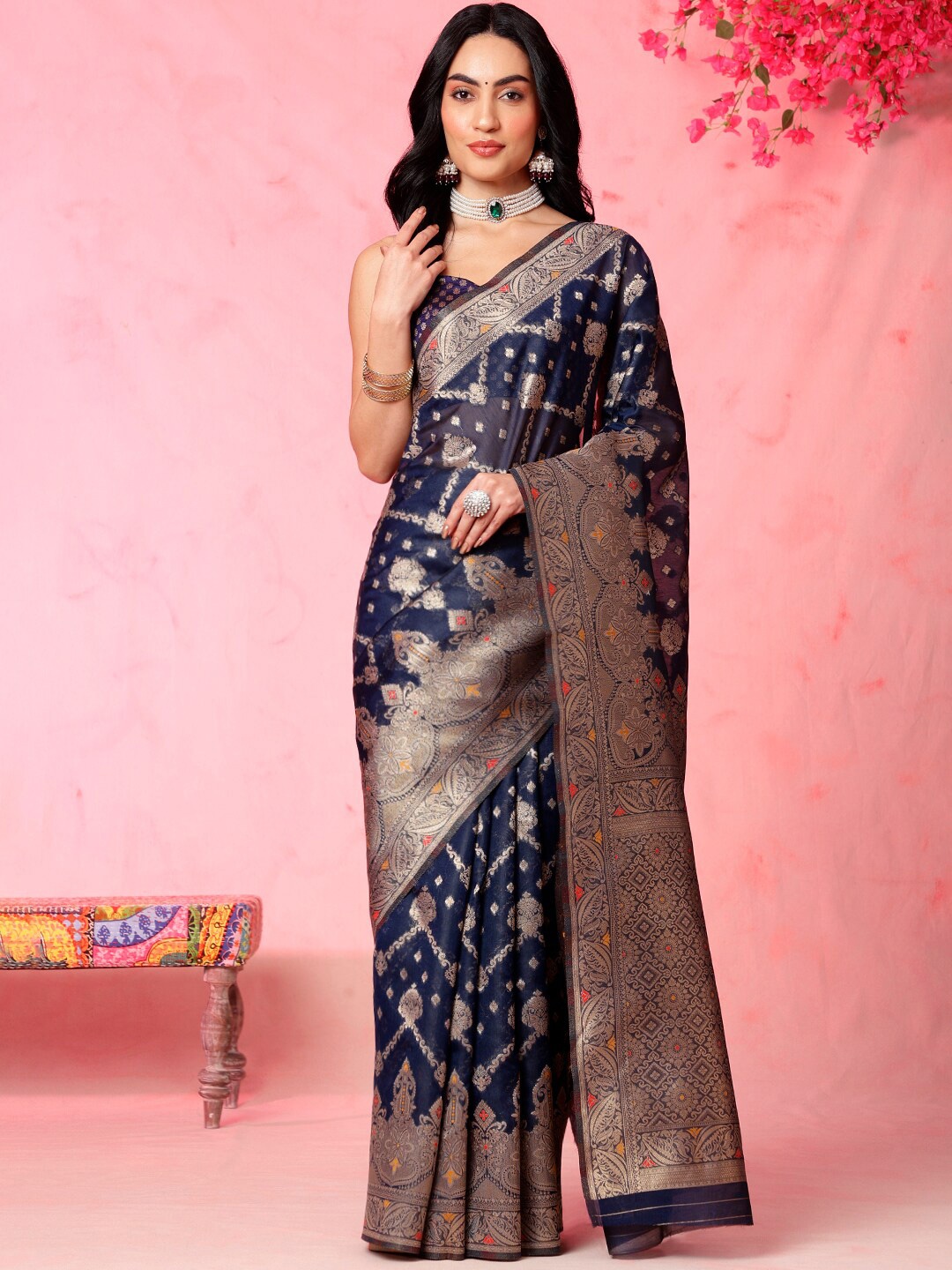 

Anouk Navy Blue & Gold-Toned Ethnic Motifs Woven Design Zari Chanderi Saree