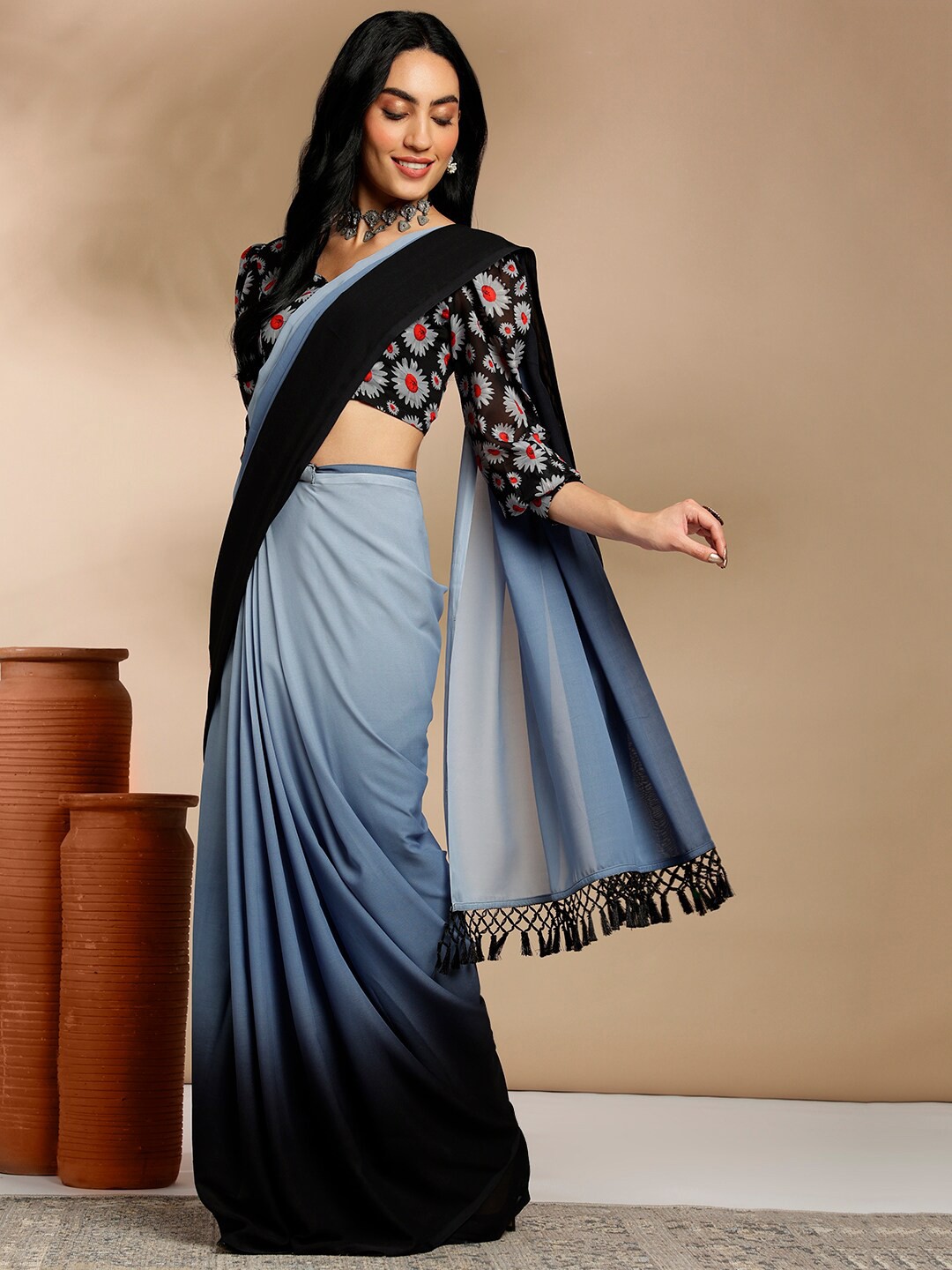 

Anouk Grey Ombre Printed Pure Georgette Ready to Wear Saree