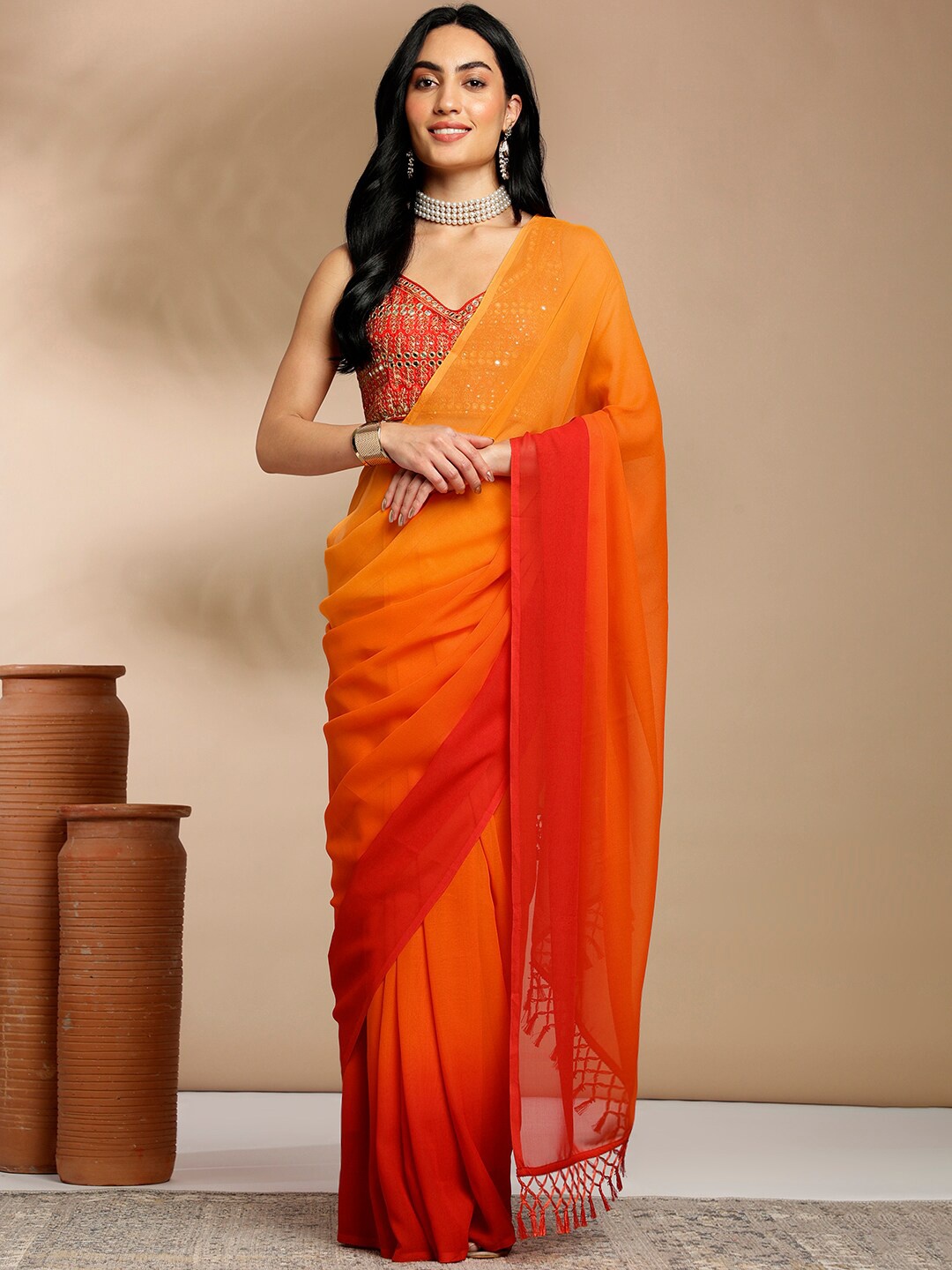 

Anouk Red Ombre Printed Pure Georgette Ready to Wear Saree