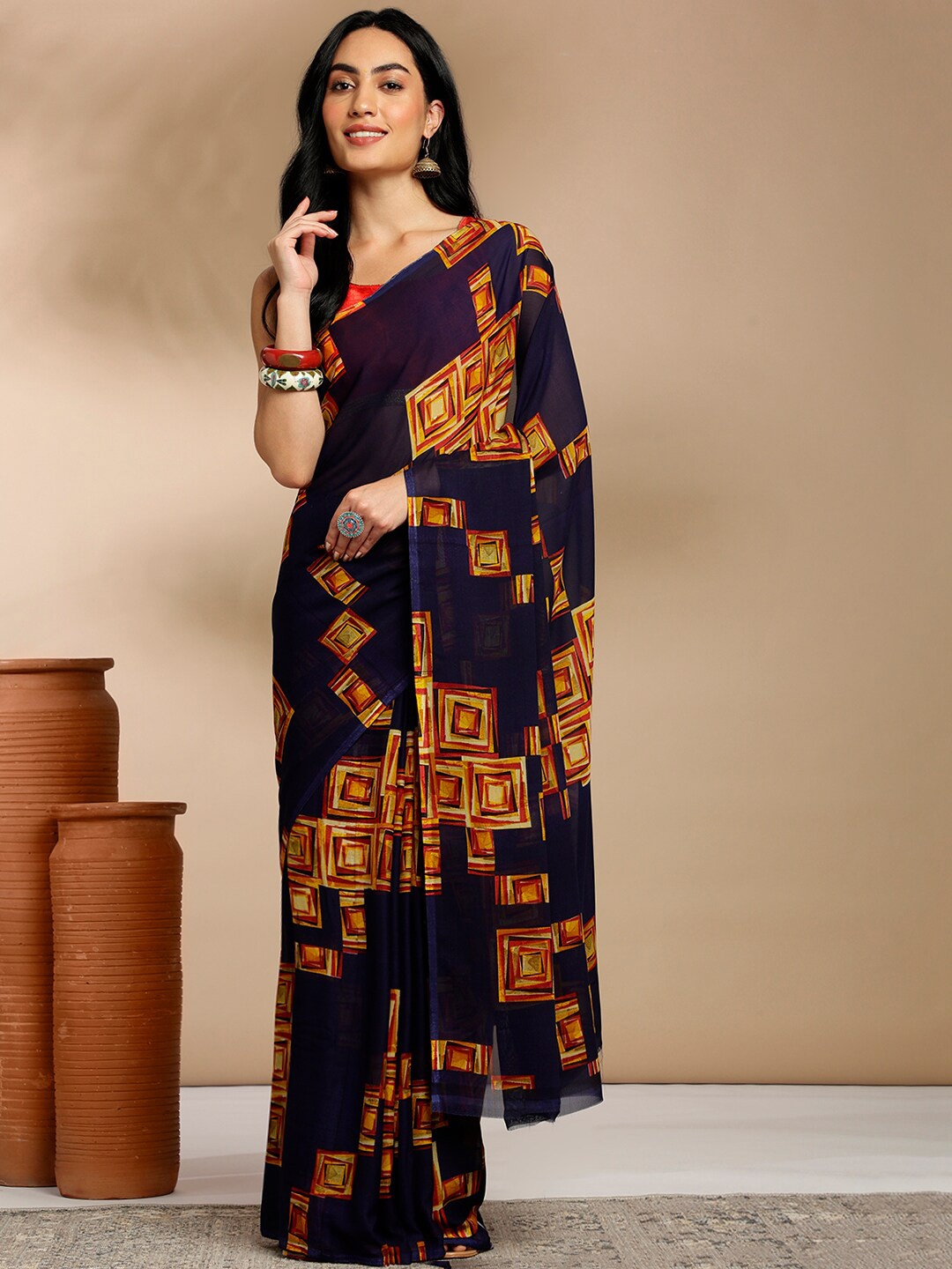 

Anouk Rustic Navy Blue Geometric Printed Pure Georgette Saree