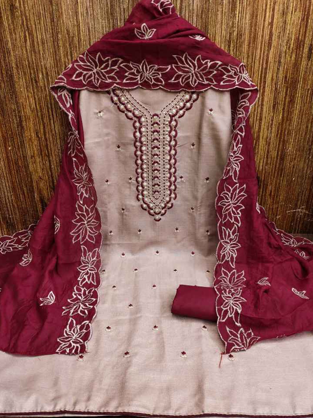 

faxofab Ethnic Motifs Embroidered Unstitched Dress Material, Beige