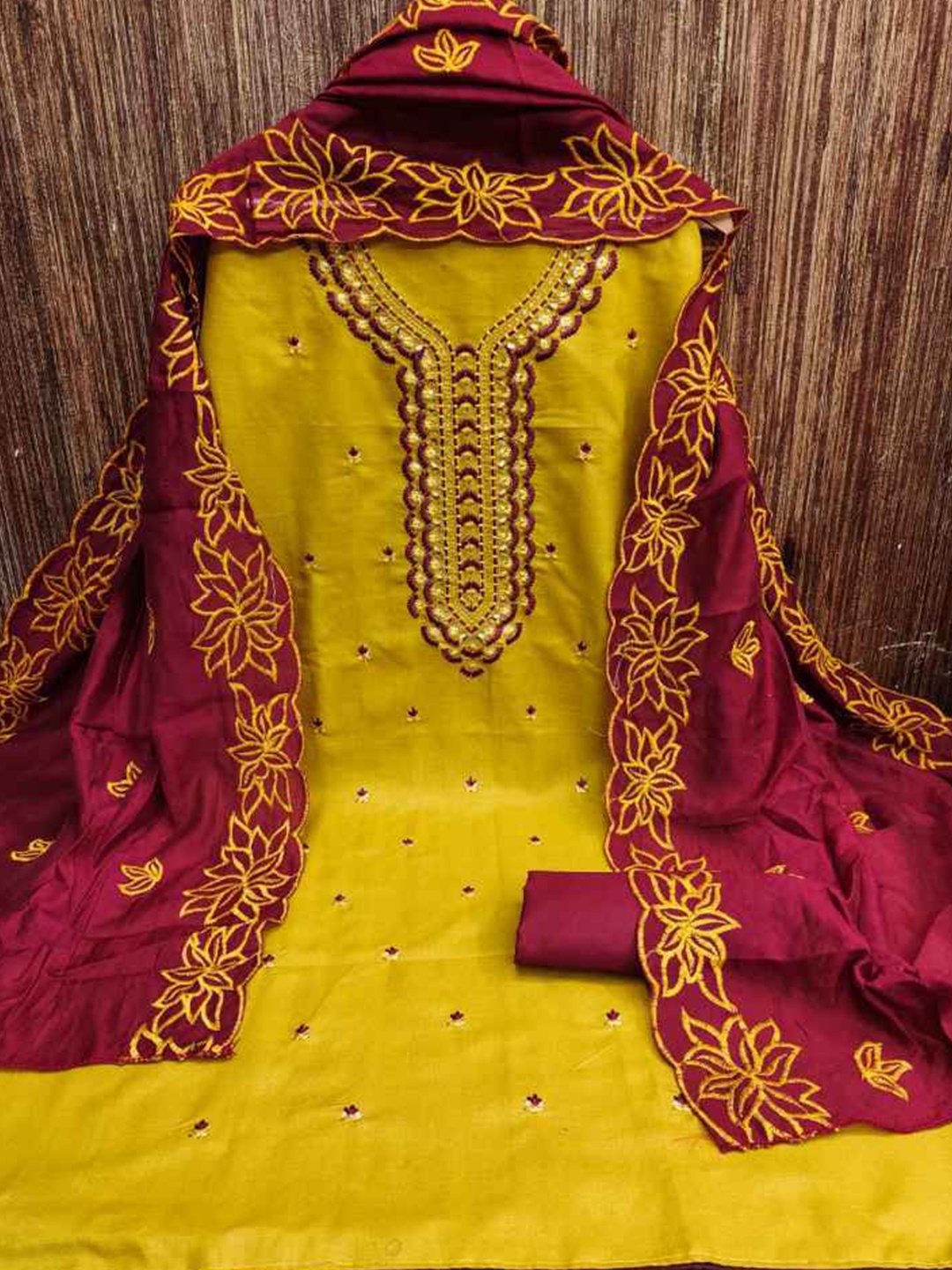 

faxofab Ethnic Motifs Embroidered Unstitched Dress Material, Yellow