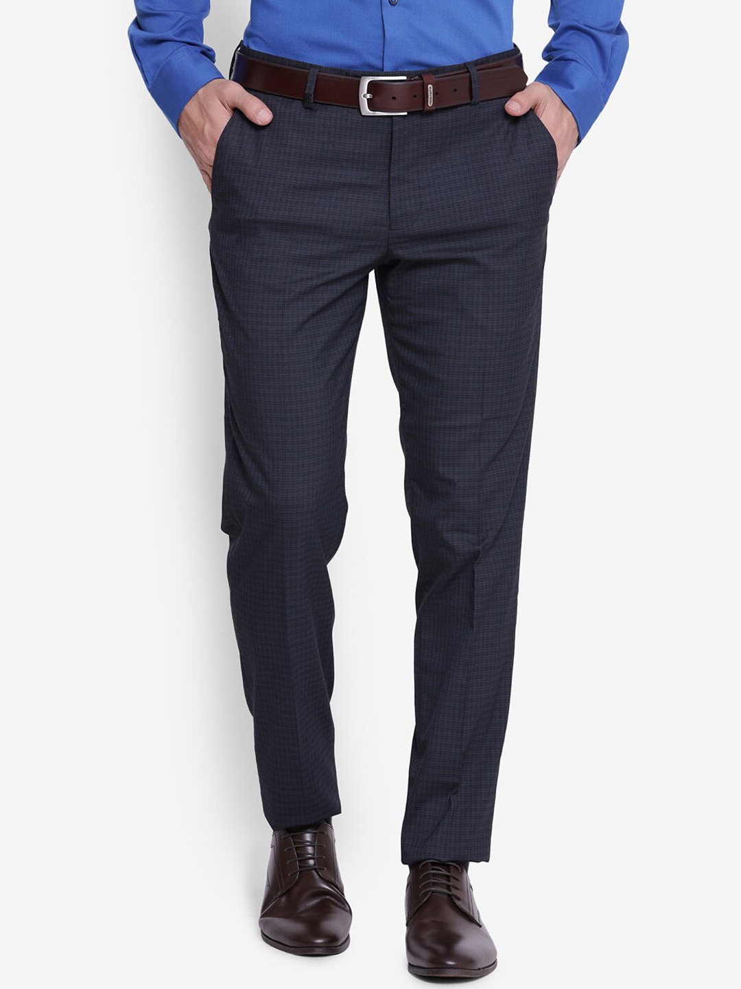 

Turtle Men Checked Tailored Skinny Fit Trousers, Navy blue