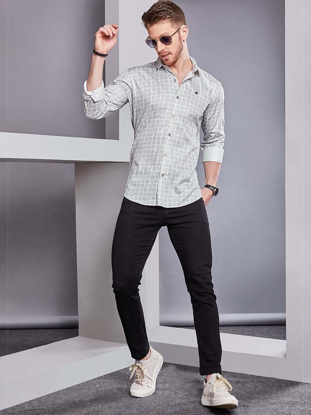 

ALMATY Men Comfort Slim Fit Opaque Printed Party Shirt, Grey