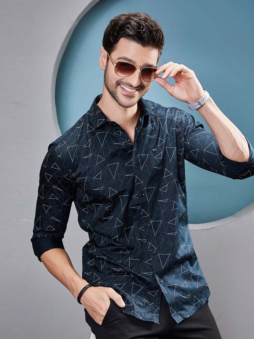 

ALMATY Men Comfort Slim Fit Floral Opaque Printed Party Shirt, Blue